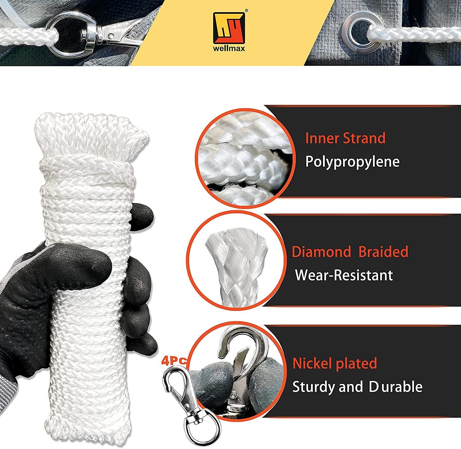 Wellmax Diamond Braided Polypropylene Rope with UV Treatment and Weather Resistant, 4 Pack 3/16 inch x 50ft Multi-Color