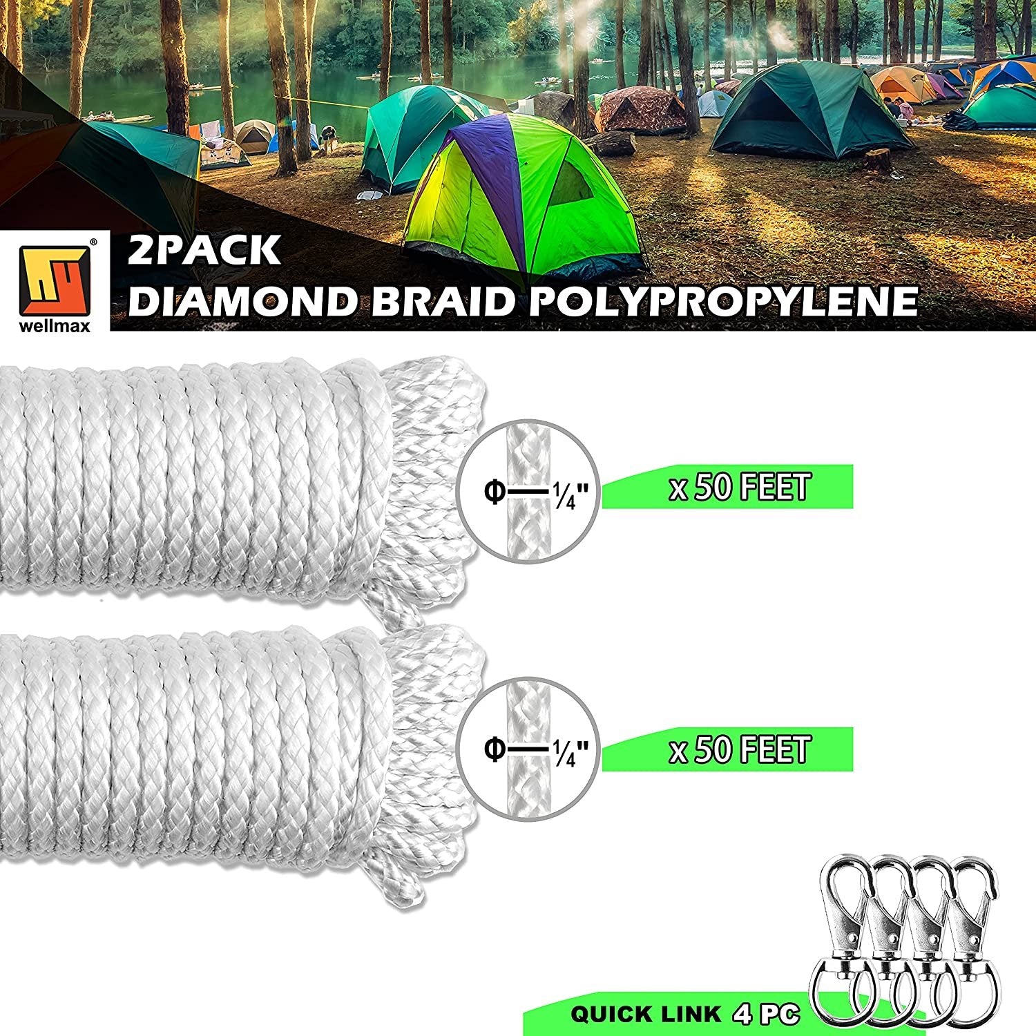 Wellmax Diamond Braided Polypropylene Rope with UV Treatment and Weather Resistant, 4 Pack 3/16 inch x 50ft Multi-Color