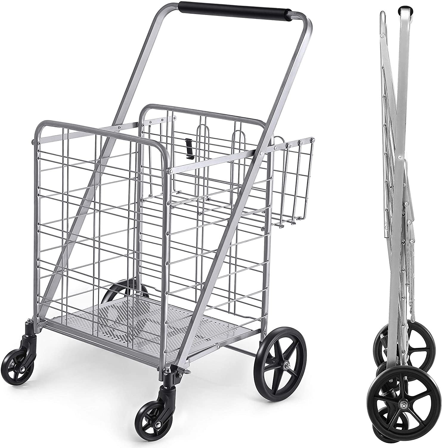 Wellmax Shopping Cart with Wheels, Metal Grocery Cart with Wheels, Shopping Carts For Groceries, Folding Cart For Convenient Storage And Holds Up To 160lbs, Dual Swivel Wheels and Extra Basket, Silver