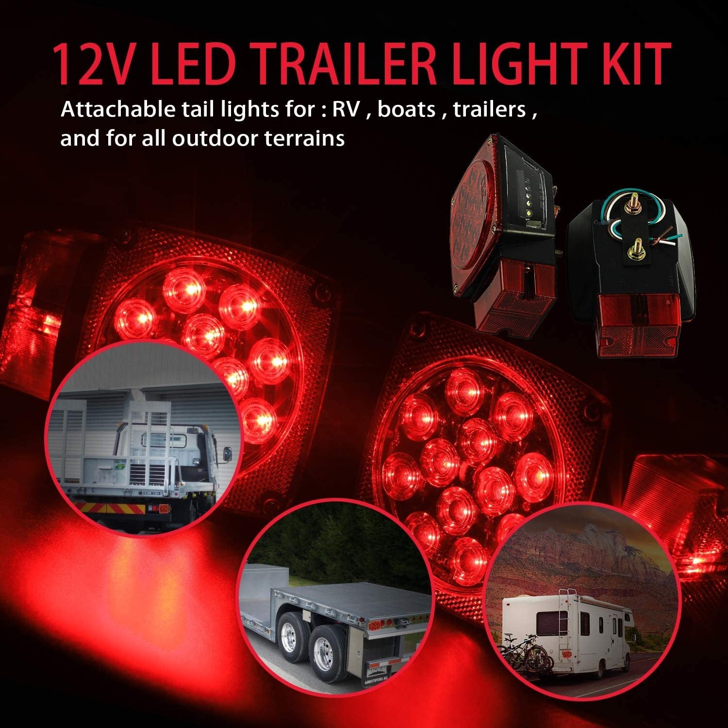 Wellmax 12V LED Trailer Lights Kit, Submersible Tail Lights for RV, Marine, Boat, Trailer Over 80 inches