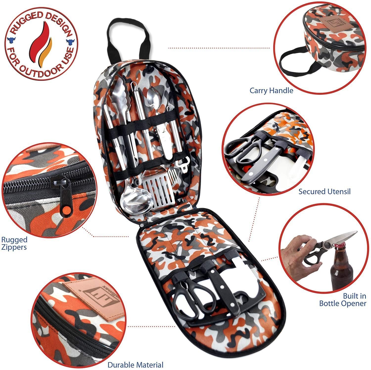 Wellmax Camping Utensils Cooking Set, Camping cookware with Kitchen Knife and Equipment, Camping Accessories and Supplies with Travel Organizer, Orange Camo Color