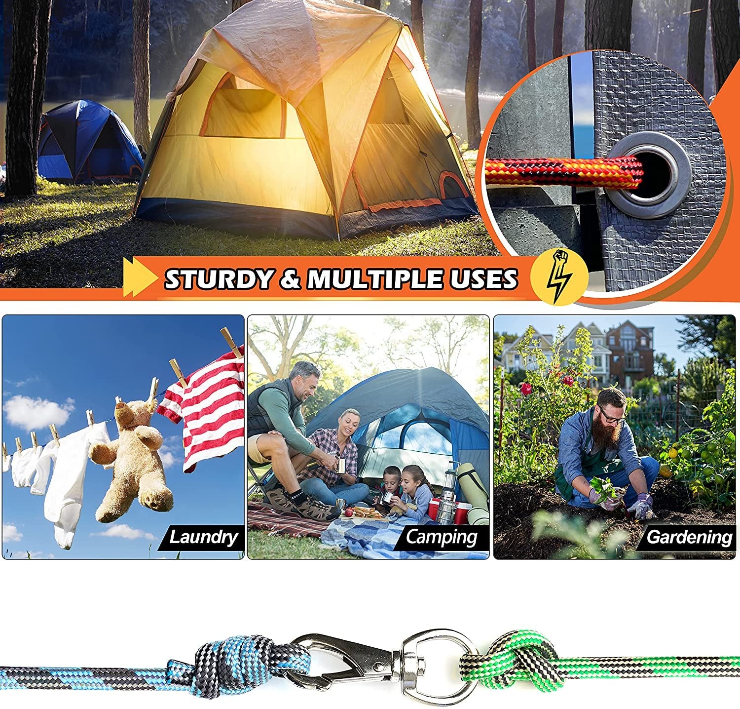 Wellmax Diamond Braided Polypropylene Rope with UV Treatment and Weather Resistant, 4 Pack 3/16 inch x 50ft Multi-Color