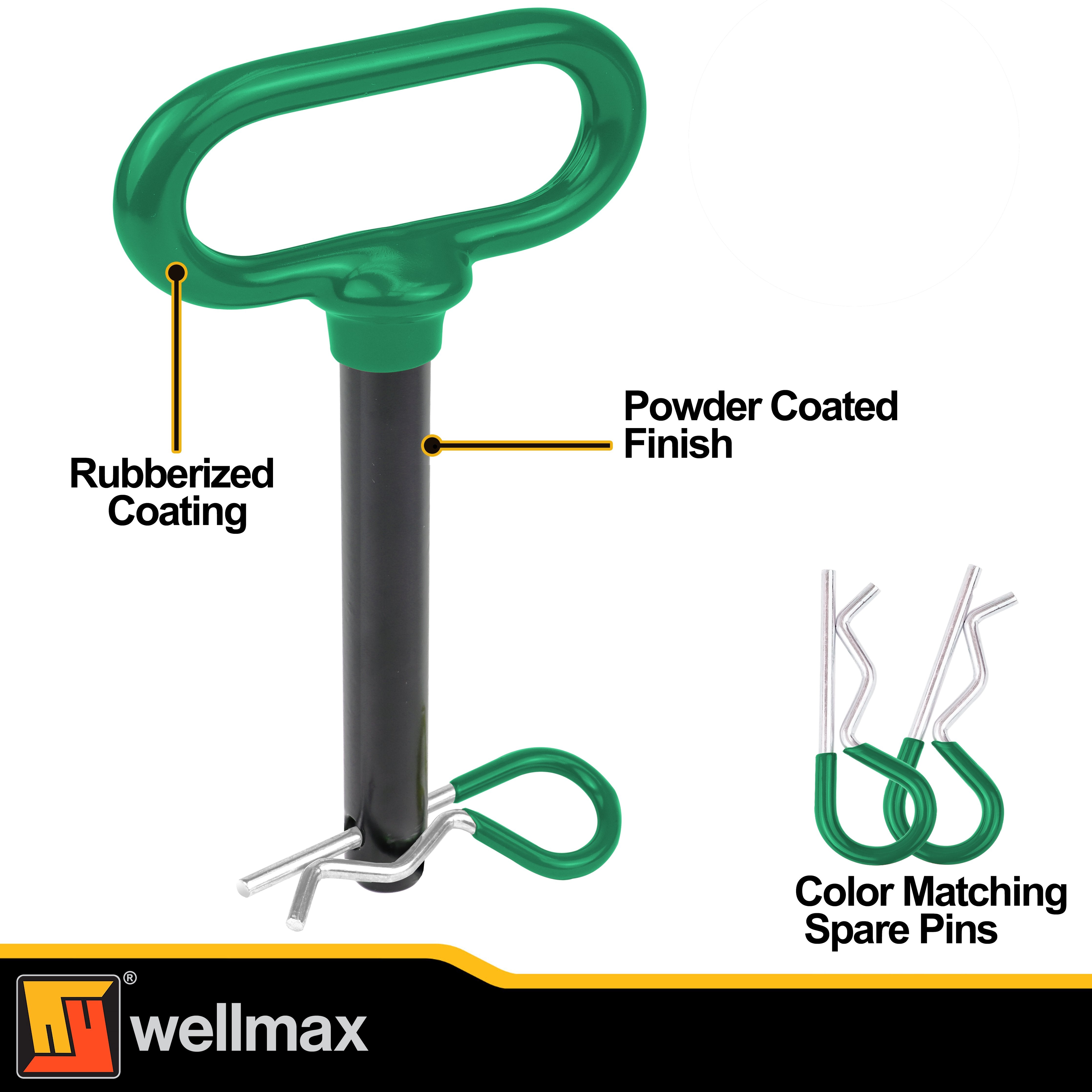 Wellmax 2-Pack 5/8" x 4-1/2" Steel Hitch Pin with 4pcs 3" R Clip, Clevis Pin Hitch with Rubber-Coated Handle, Green Color