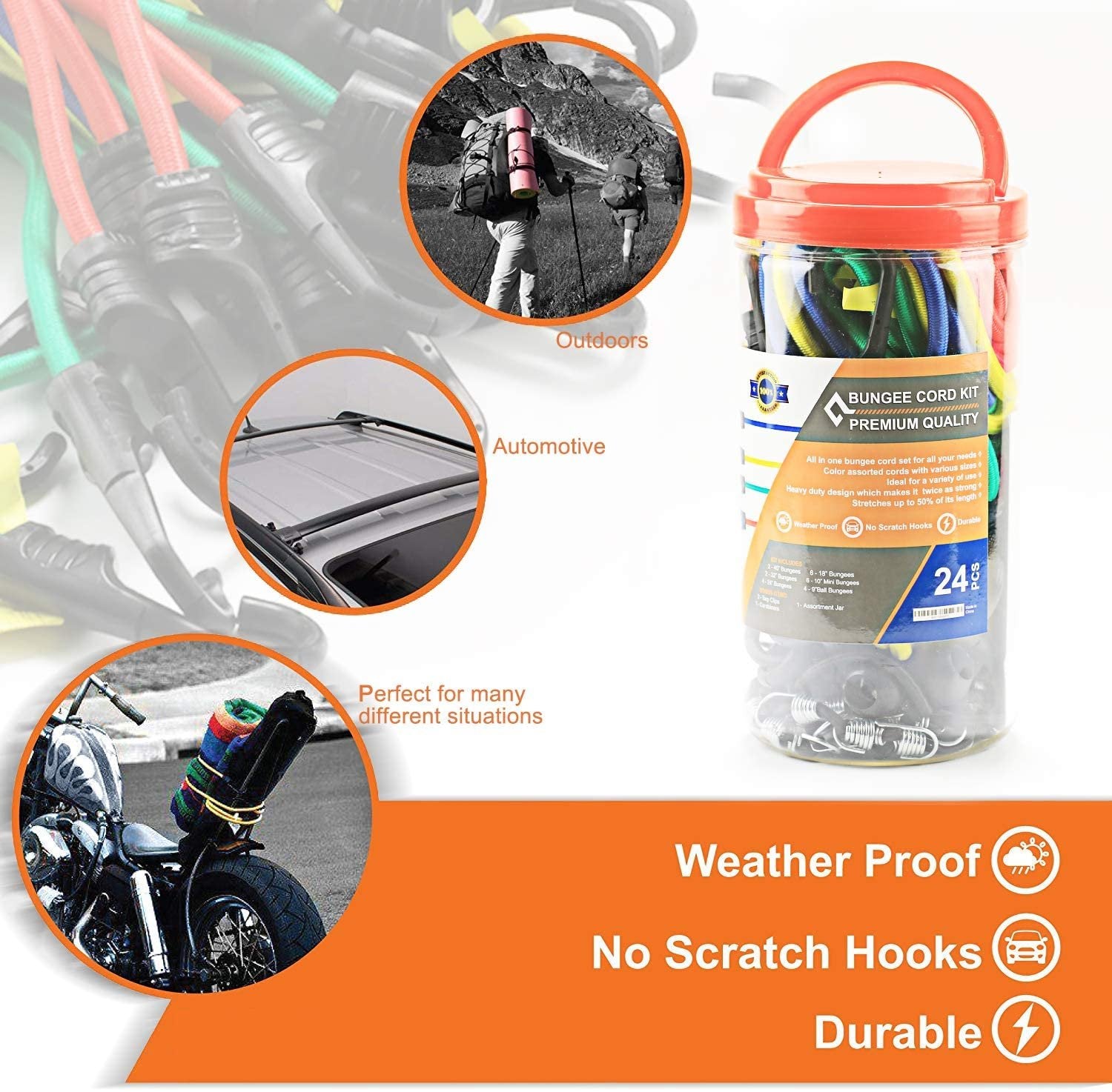 Wellmax Bungee Cords Hook Assortment Jar, 24 Piece Set with Canopy Ties Plastic Coated Metal Hooks