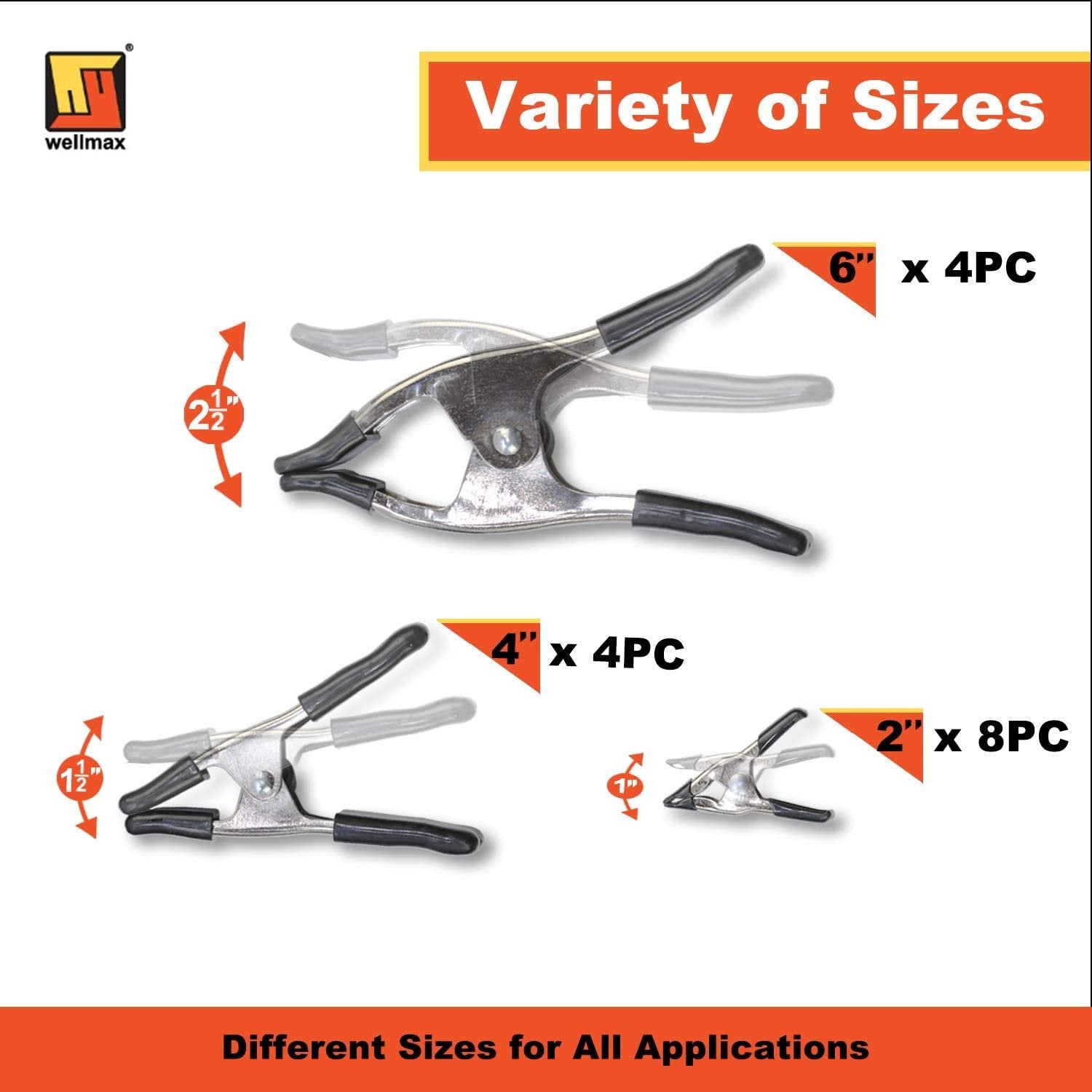 Wellmax 16PC Metal Spring Clamps Set, Heavy Duty Clips for Clamp Woodworking and Backdrops, 8pc 2 inch, 4pc 4 inch and 4pc 6 inch