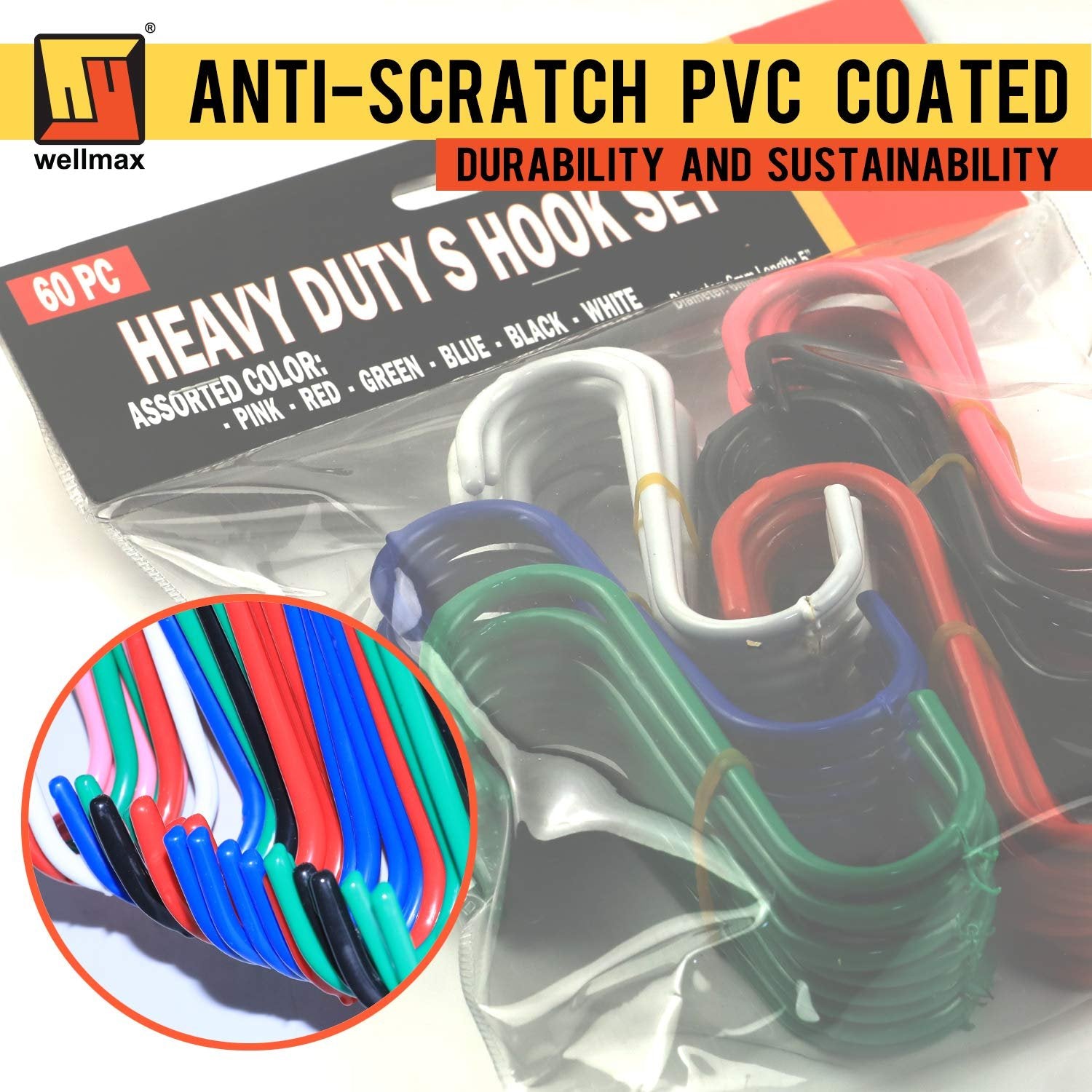 Wellmax S Hooks for Hanging, Heavy Duty S Shaped Hooks, Colored Metal S Hook Set for Hanging Plants, Closet, Kitchen, Pot Rack, and pots and Pans. 5 inches Long and 6mm Thick