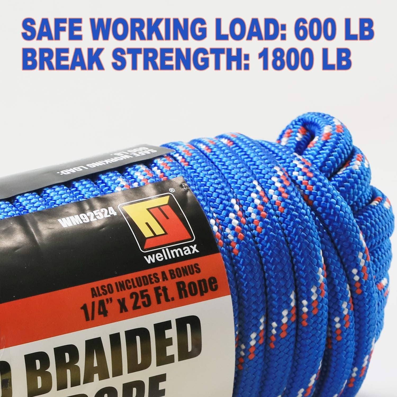 Wellmax Diamond Braid Nylon Rope, 1/2in X 100FT with Bonus 1/4in x25FT Cord UV Resistant, High Strength and Weather Resistant