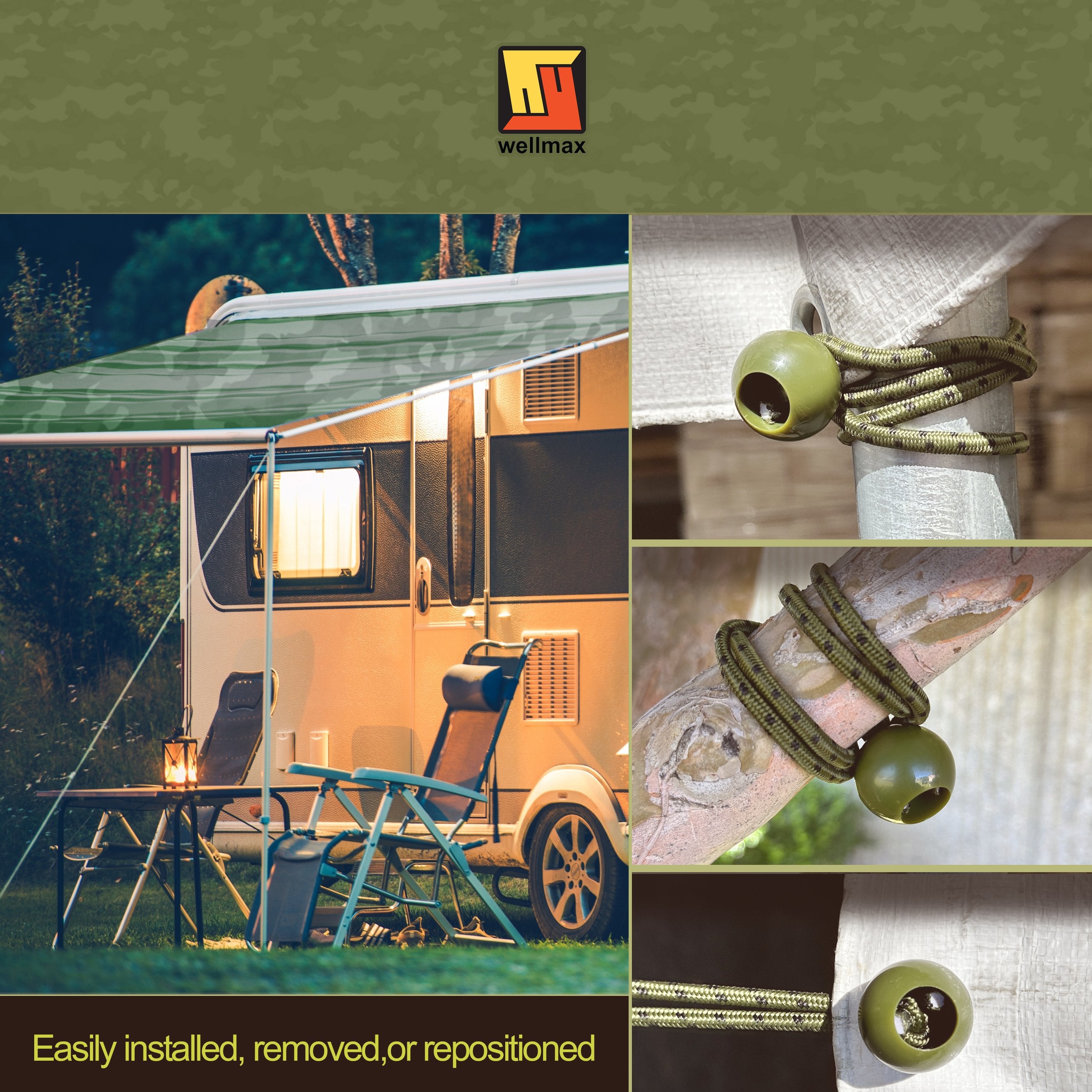 6 inch 100 Piece Heavy Duty 5mm Ball Bungee Canopy Cord by Wellmax, Green Camo Color