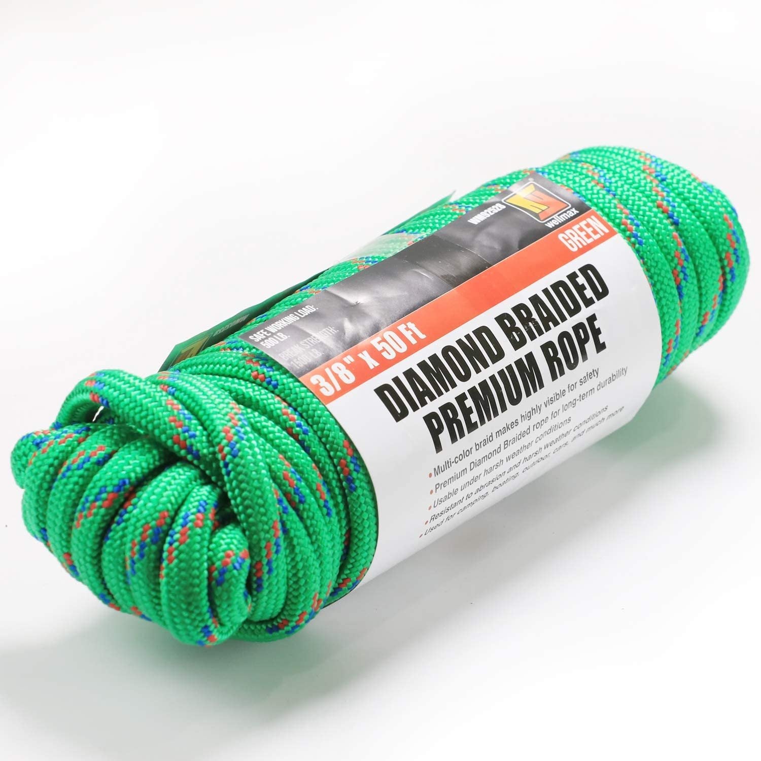 Wellmax Diamond Braid Nylon Rope – Extra Thick All Purpose Braided Flag Line Utility Line with Shock Absorption – UV Resistant, High Strength & Weather Resistant - 3/8" X 50FT