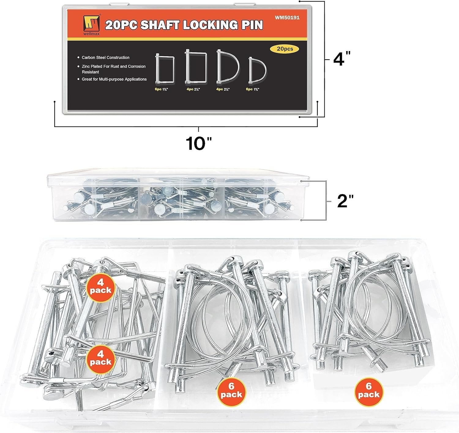 Wellmax 20 Pcs Shaft Locking Pin in 1/4", 5/16" and 3/8" Diameter Zinc-Plated Heavy Duty Safety Pins, Trailer Hitch Pin for Trailer Lock and Hitch Pin Lock for Farm Lawn Garden Wagons, Silver Color