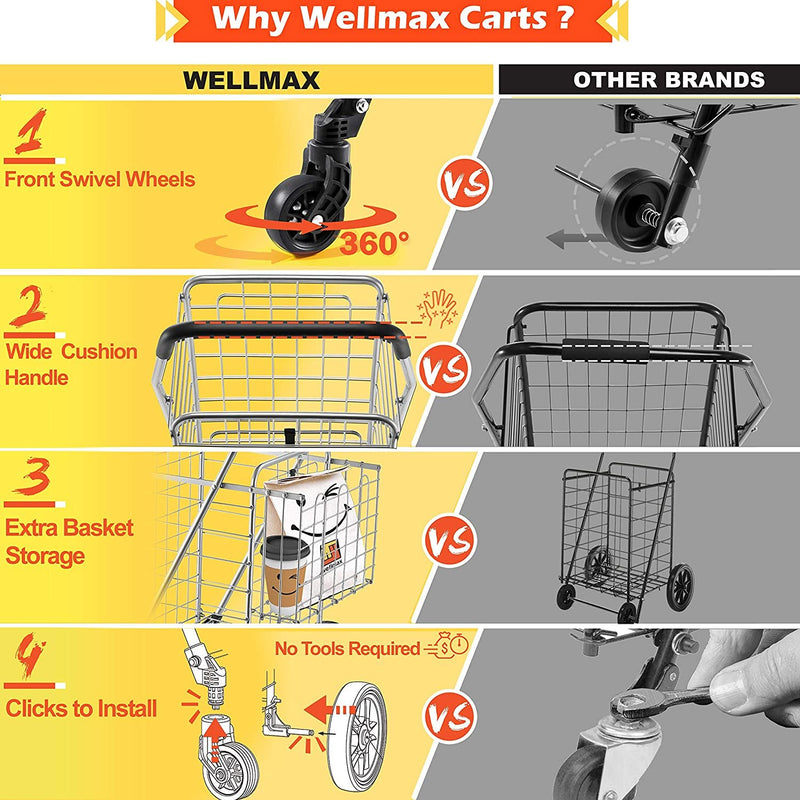 Wellmax Metal Grocery Shopping Cart with Wheels for Groceries, Folding Cart for Convenient Storage and Holds Up to 66lbs, Dual Swivel Wheels and Extra Basket, Silver