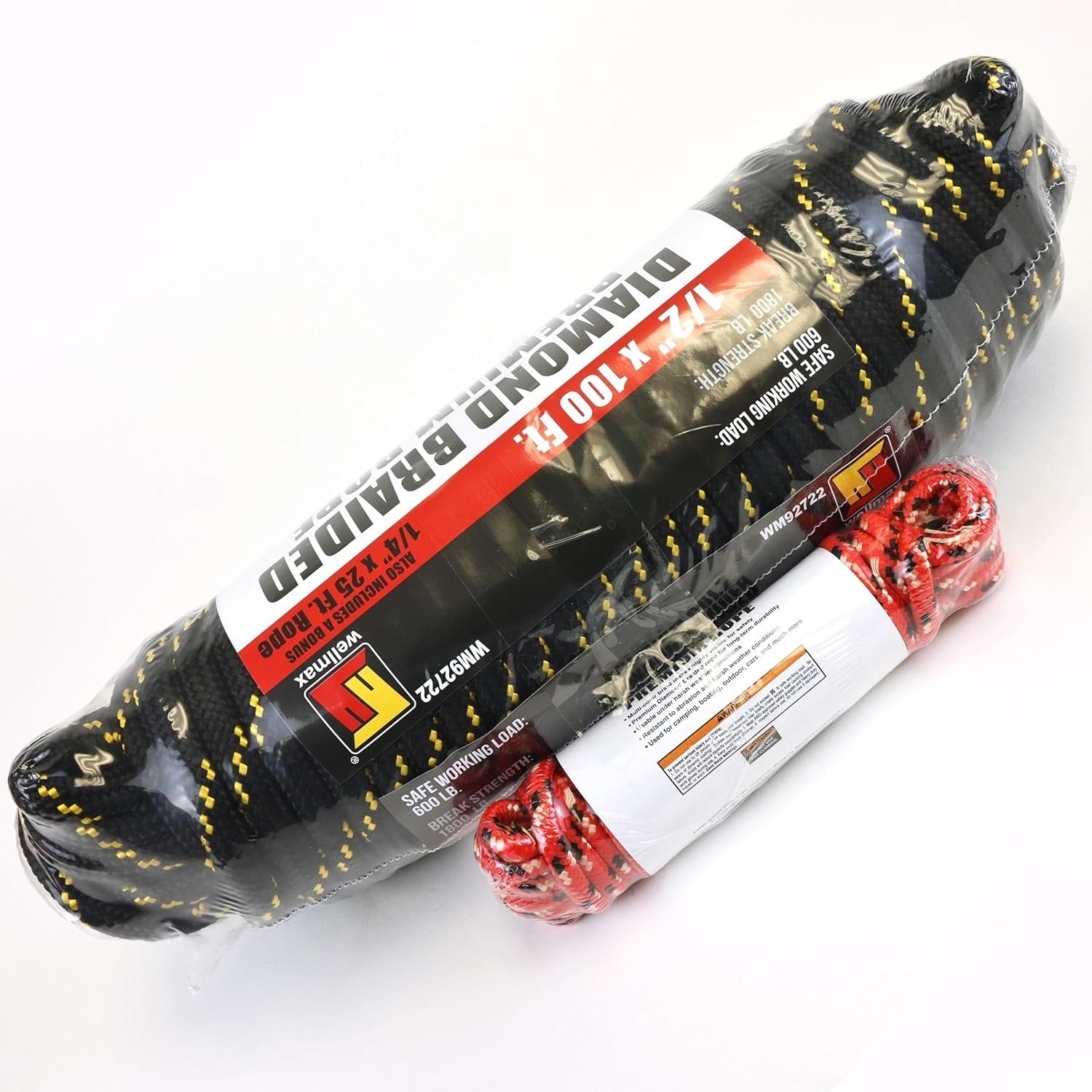 Wellmax Diamond Braid Nylon Rope, 1/2 in X 100 Foot with UV Protection and Weather Resistance, Black