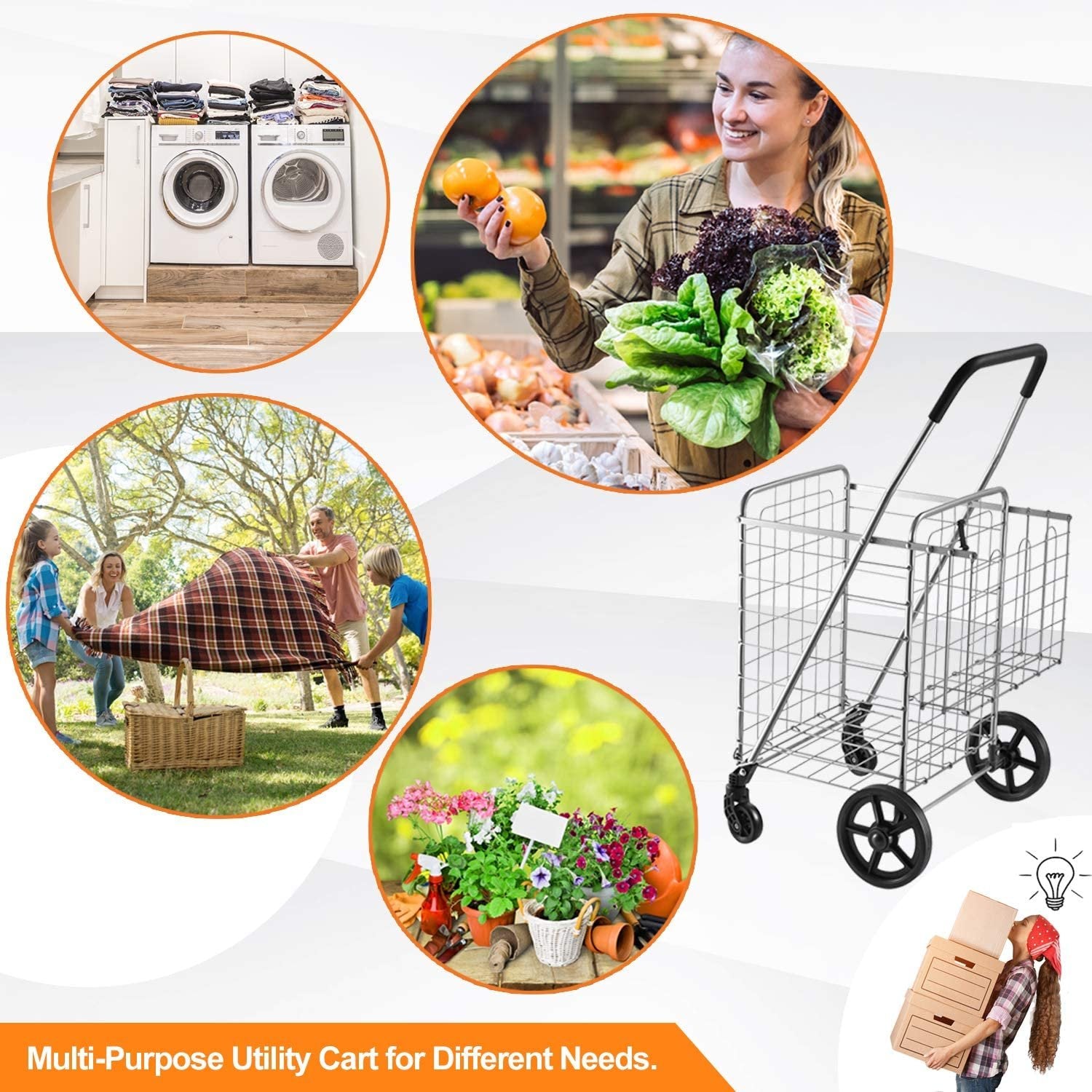 Wellmax Metal Grocery Shopping Cart with Wheels for Groceries, Folding Cart for Convenient Storage and Holds Up to 66lbs, Dual Swivel Wheels and Extra Basket, Silver