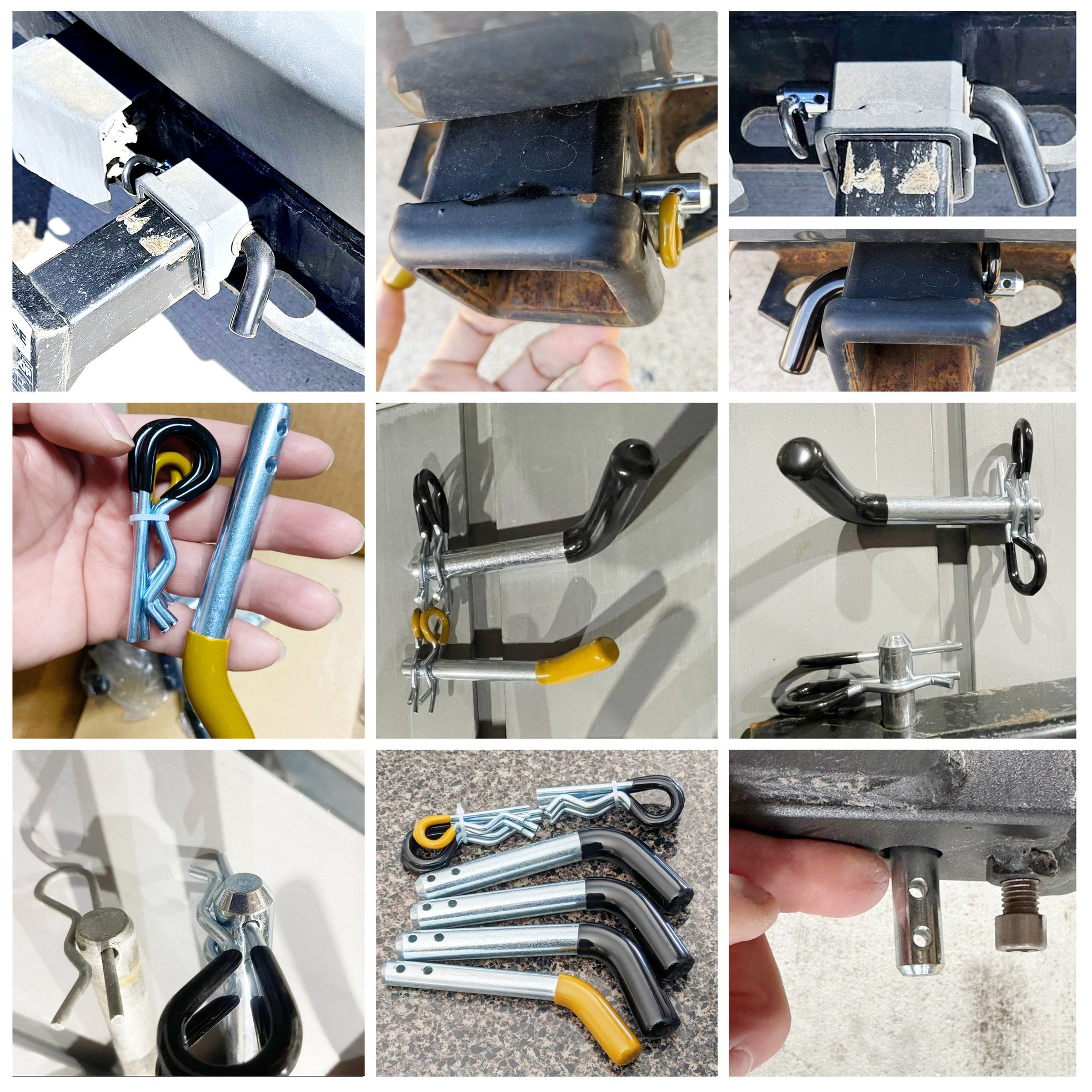 Wellmax 12PC 5/8" and 1/2" Diameter Dual Pinhole Trailer Hitch Pin Set - 3 PC 5/8"x 3-1/2" and 1 PC 1/2"x3" Shank, with Rubber-Coated Vinyl Grip and 8pcs R Clips, Zinc-Plated for 2" Receiver