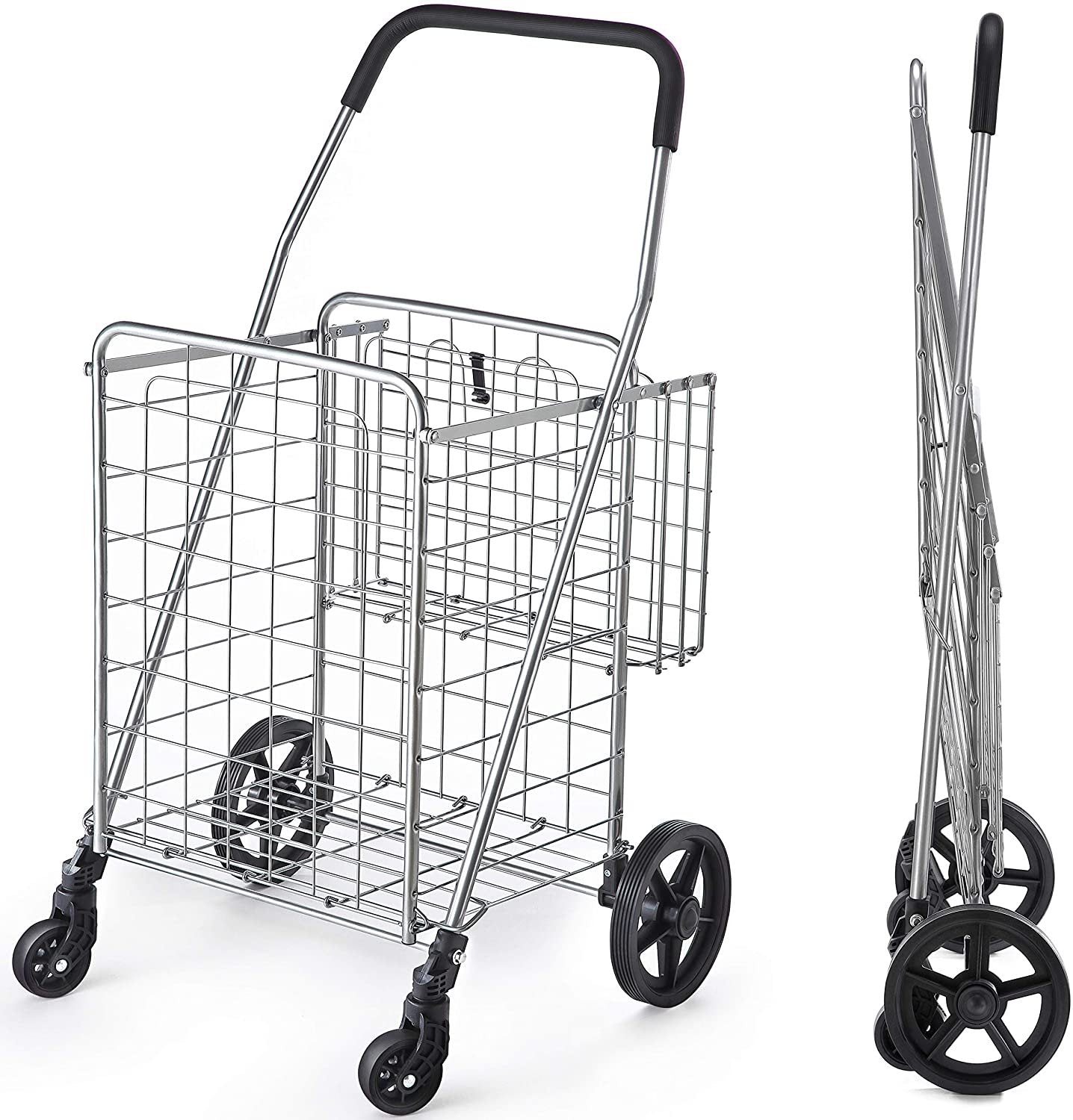 Wellmax Metal Grocery Shopping Cart with Wheels for Groceries, Folding Cart for Convenient Storage and Holds Up to 66lbs, Dual Swivel Wheels and Extra Basket, Silver