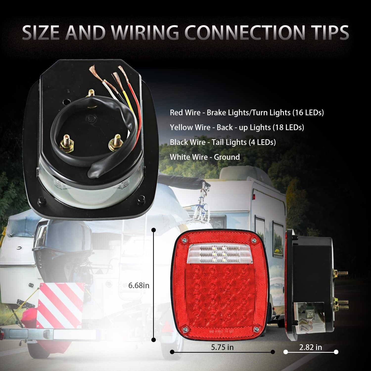 Wellmax 12V 2PC Universal LED Trailer Tail Lights, Brake, Stop, Backup, Reverse, Turn Signal with 38 Red, White LEDs