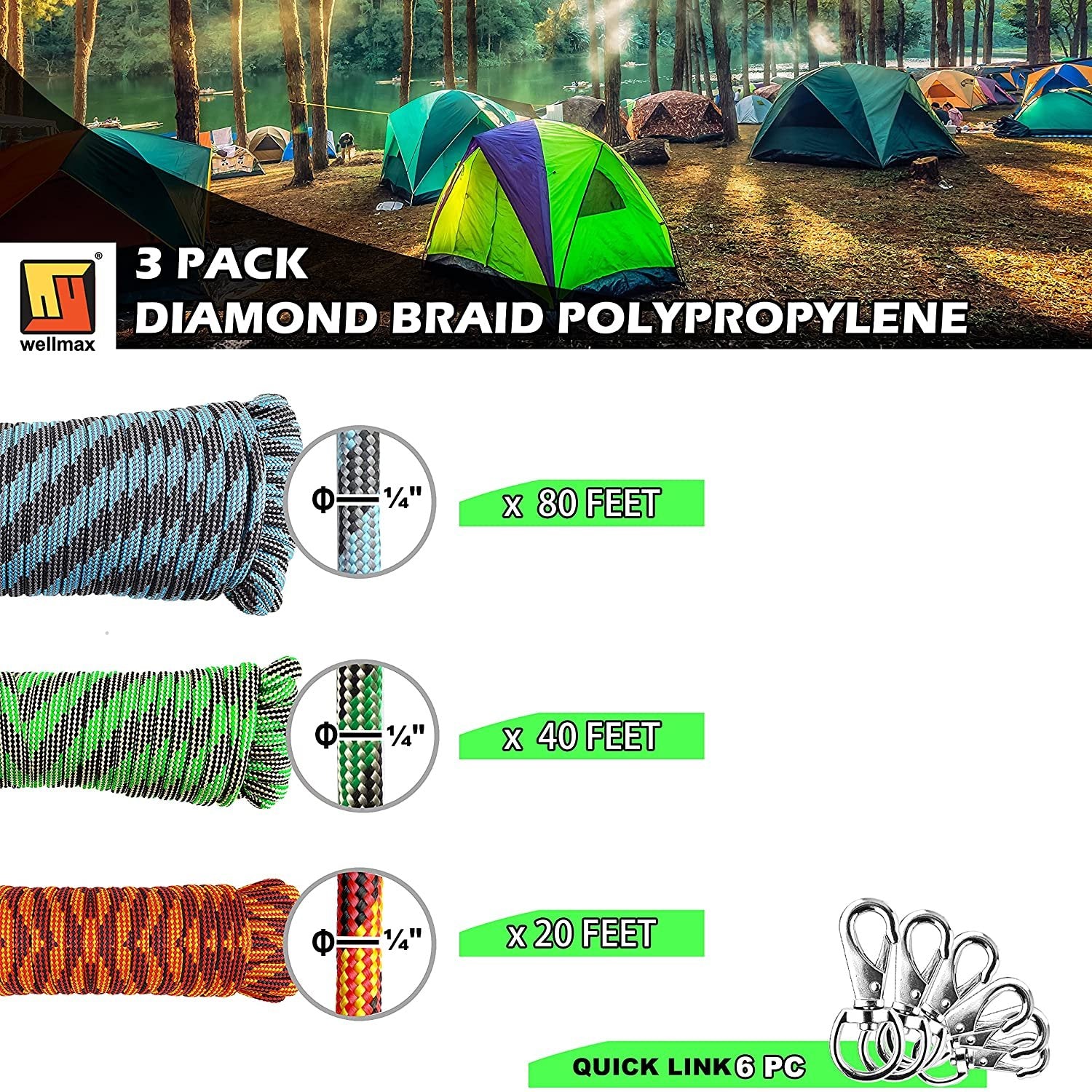 Wellmax Diamond Braided Polypropylene Rope with UV Treatment and Weather Resistant, 4 Pack 3/16 inch x 50ft Multi-Color