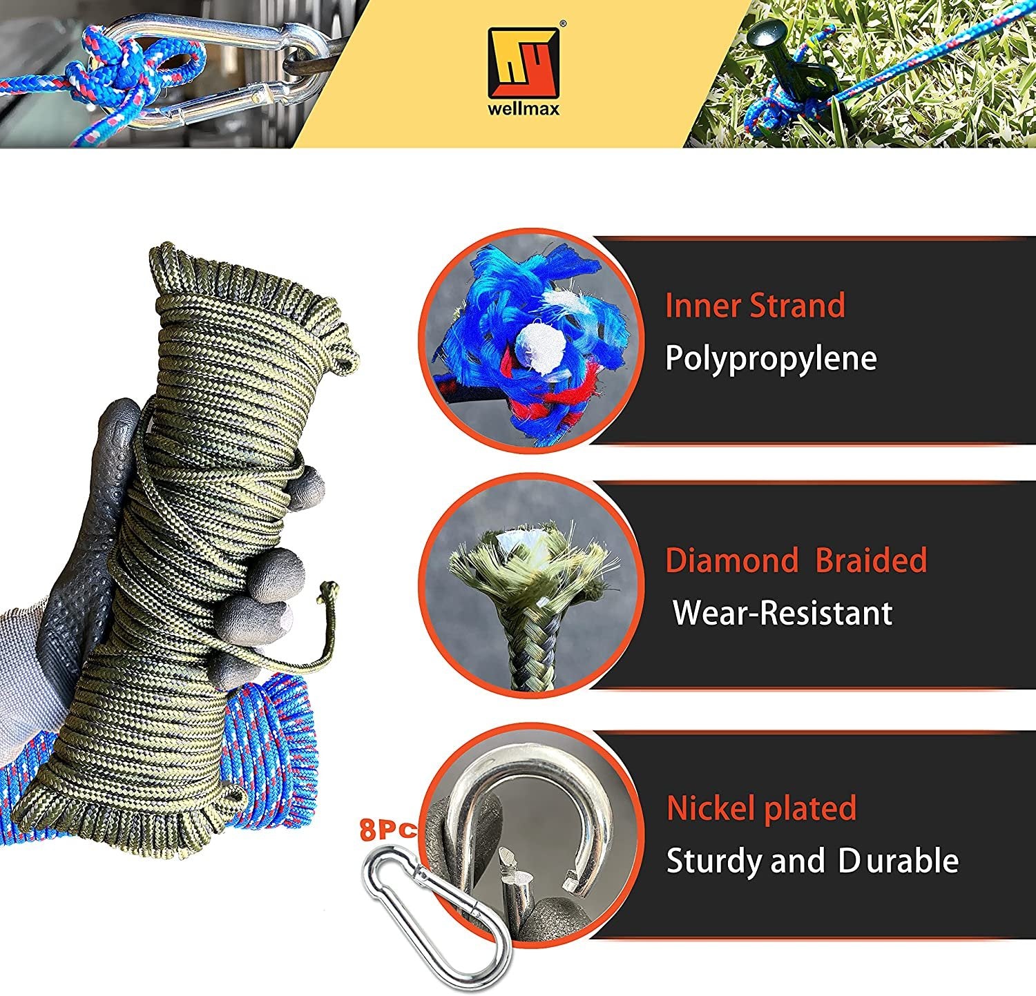 Wellmax Diamond Braided Polypropylene Rope with UV Treatment and Weather Resistant, 4 Pack 3/16 inch x 50ft Multi-Color