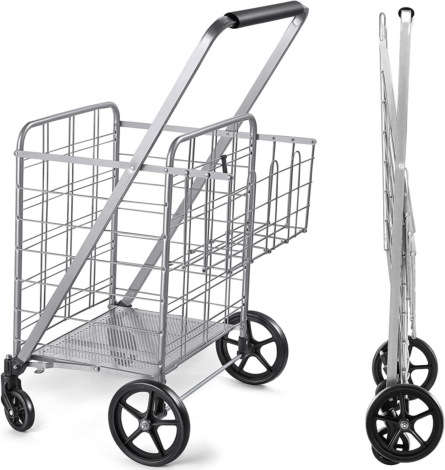 Wellmax Shopping Cart with Wheels, Metal Grocery Cart with Wheels, Shopping Carts For Groceries, Folding Cart For Convenient Storage And Holds Up To 160lbs, Dual Swivel Wheels and Extra Basket, Silver