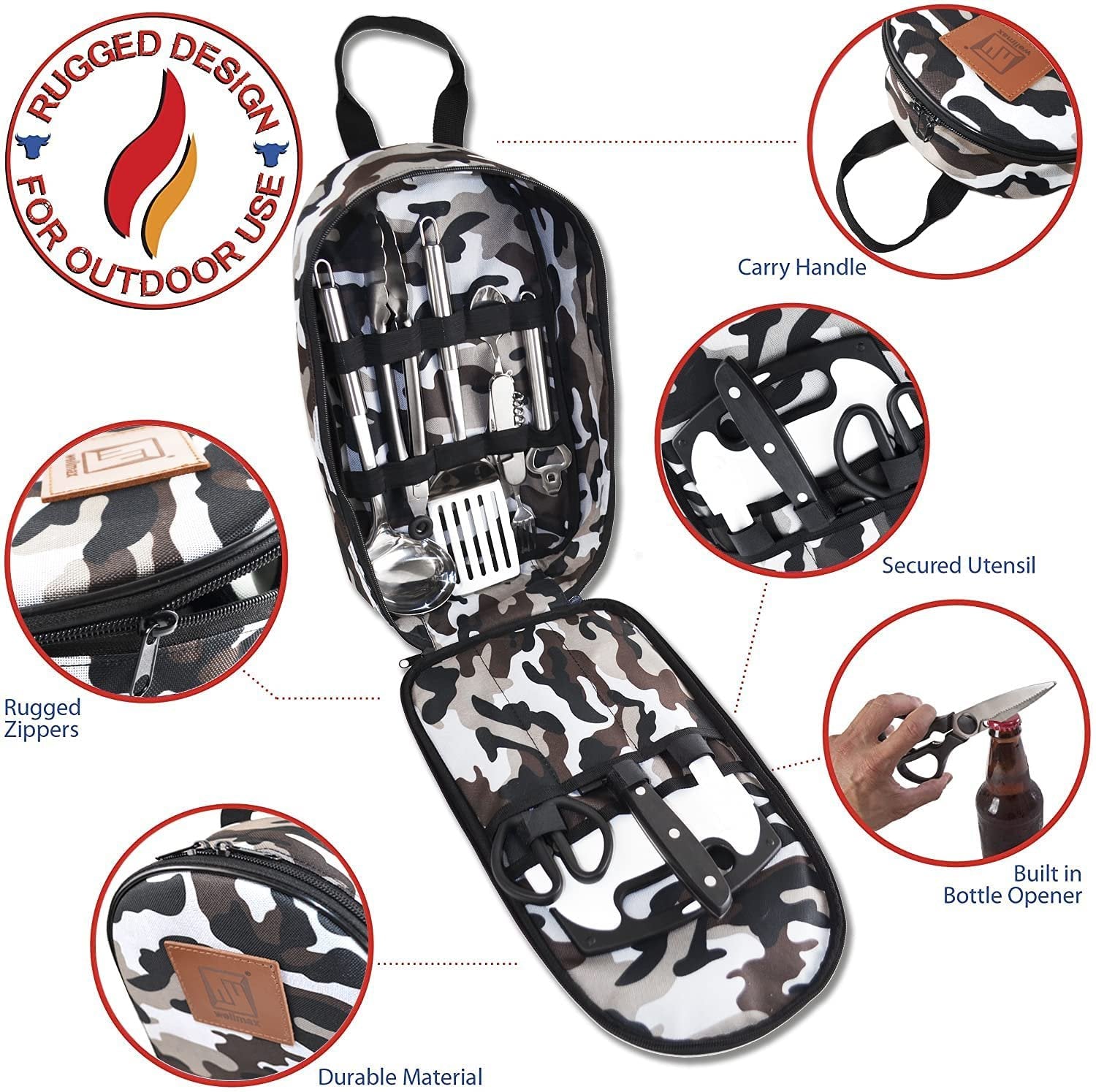 Wellmax Camping Utensils Cooking Set, Camping cookware with Kitchen Knife and Equipment, Camping Accessories and Supplies with Travel Organizer, Grey Camo Color