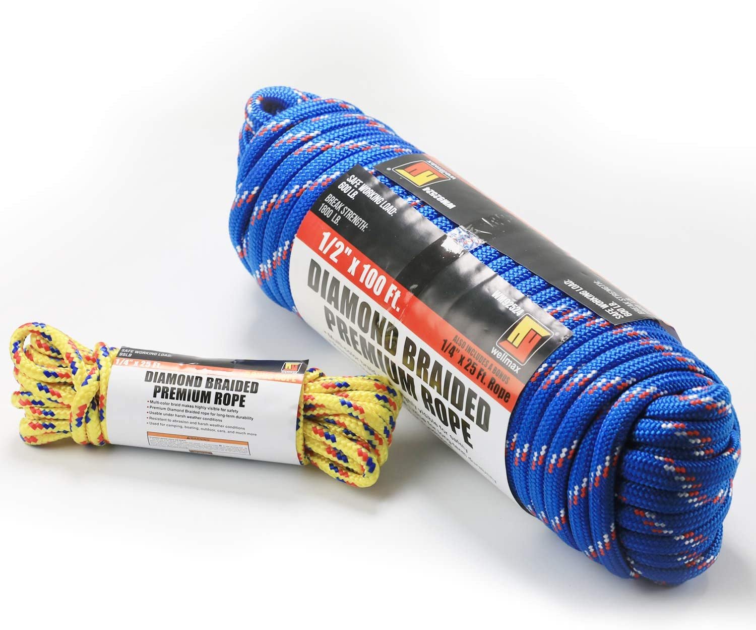 Wellmax Diamond Braid Nylon Rope, 1/2in X 100FT with Bonus 1/4in x25FT Cord UV Resistant, High Strength and Weather Resistant