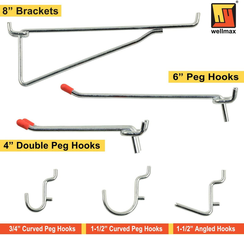 Wellmax 30pc Heavy Duty Pegboard hooks Set, Peg Board Hook Assortment and Accessories for tools, crafts, peg boards and pegs attachments. Fits 1/4 inch Peg Holes