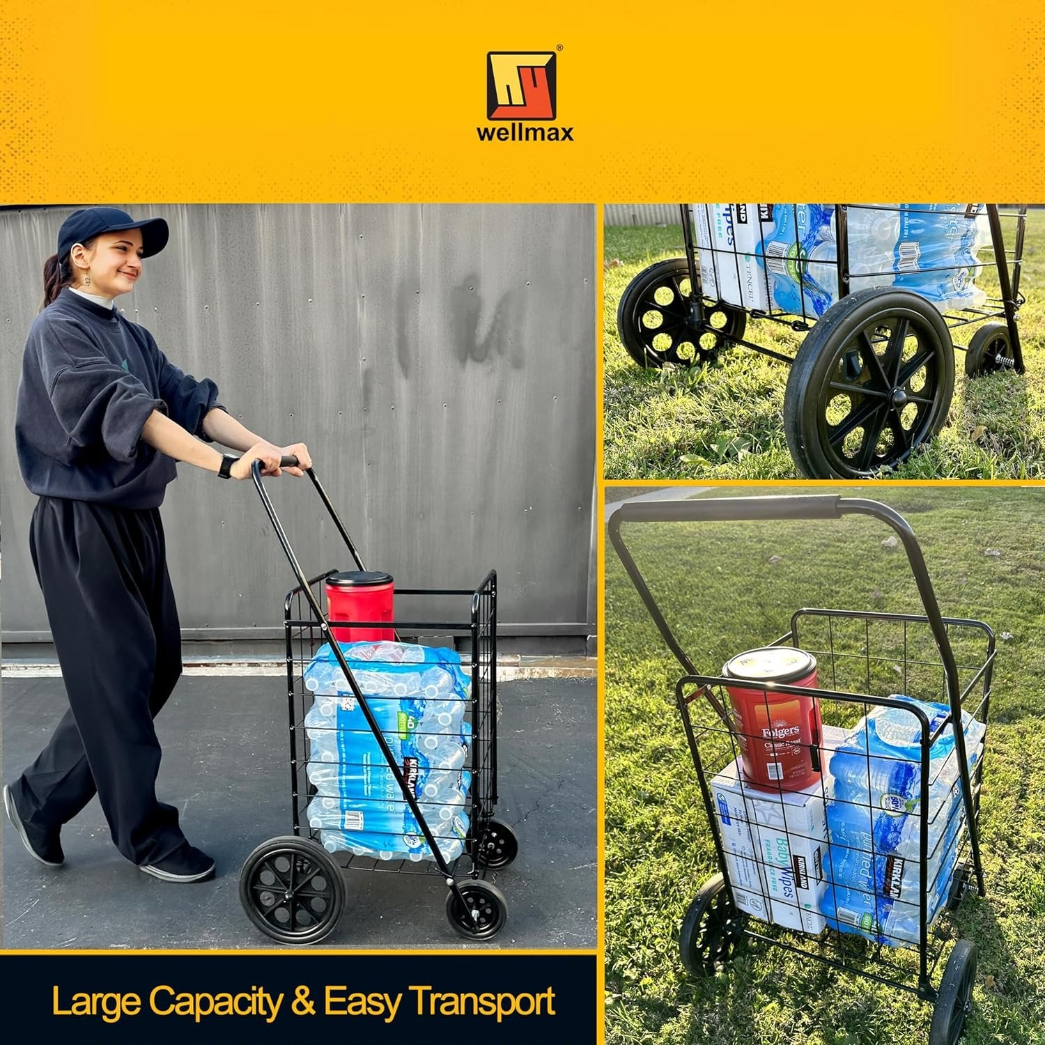 Wellmax 2-Pack Shopping Utility Cart with Stair Climber, Collapsible Folding Cart for Grocery, X-Large and Large (Black and Silver)