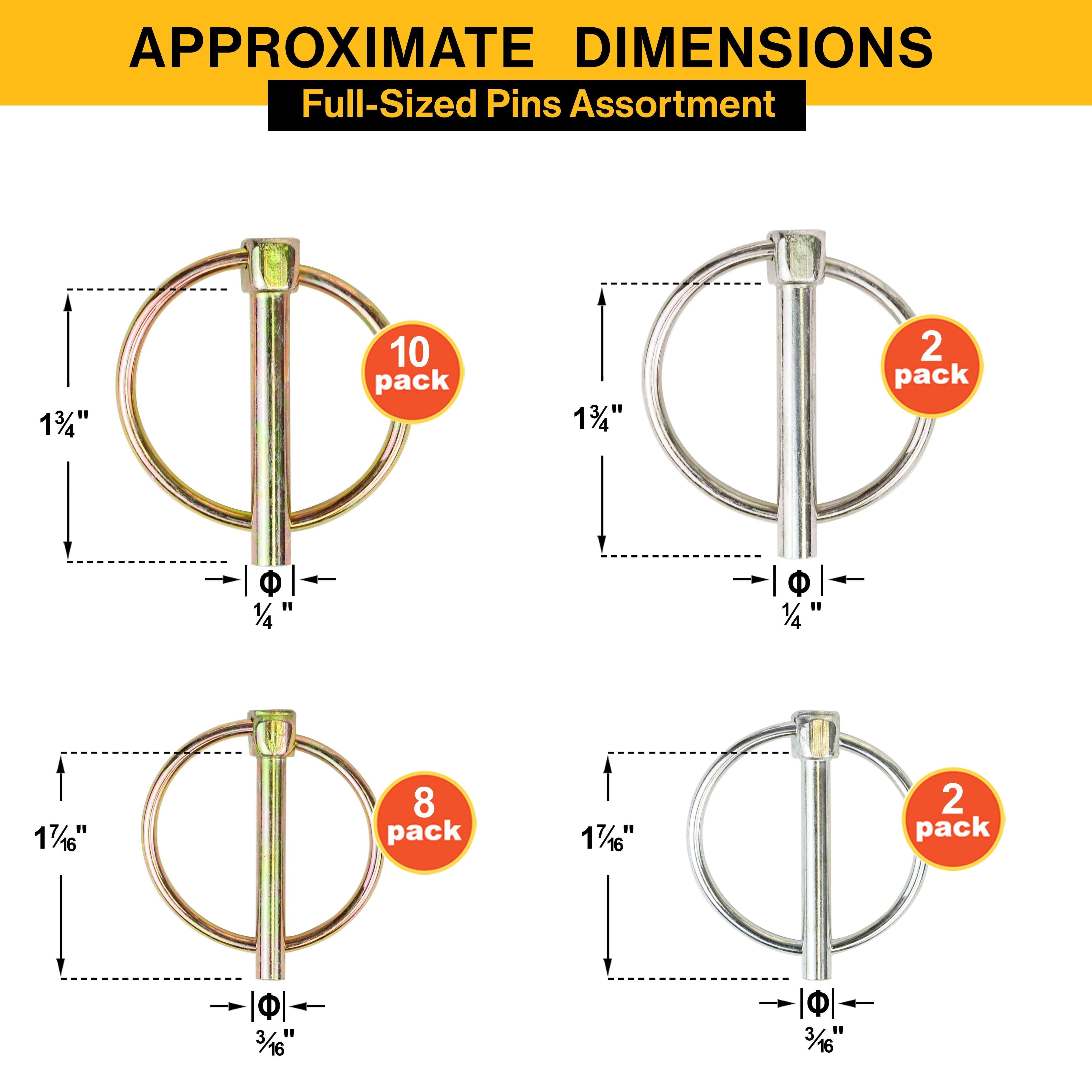 Wellmax 36 Pcs Lynch Pin Assortment in 3/16", 1/4", 5/16" and 7/16" Diameter Zinc-Plated Heavy Duty Safety Pins