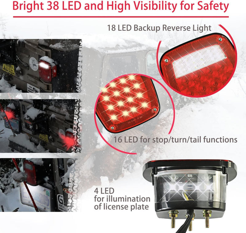 Wellmax 12V 2PC Universal LED Trailer Tail Lights, Brake, Stop, Backup, Reverse, Turn Signal with 38 Red, White LEDs