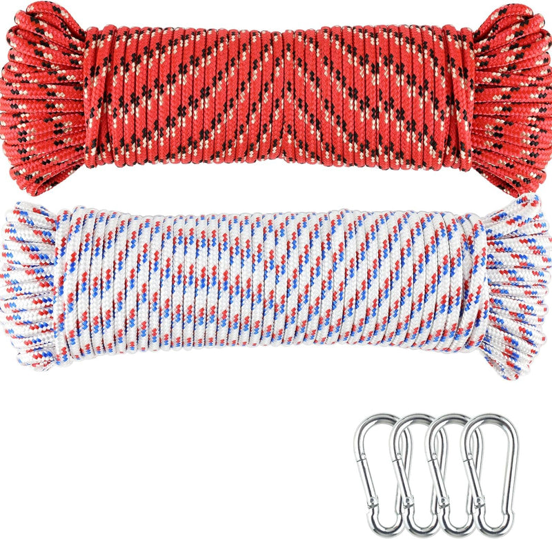 Wellmax 3/16" x 100' Diamond Braided Polypropylene Rope with UV Protection and Weather Resistance, Red/White - 2 Pack