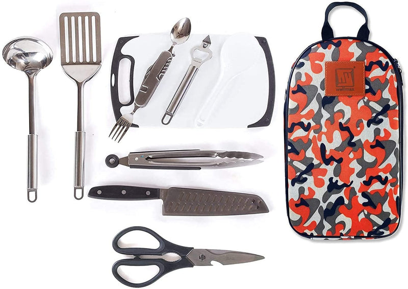 Wellmax Camping Utensils Cooking Set, Camping cookware with Kitchen Knife and Equipment, Camping Accessories and Supplies with Travel Organizer, Orange Camo Color