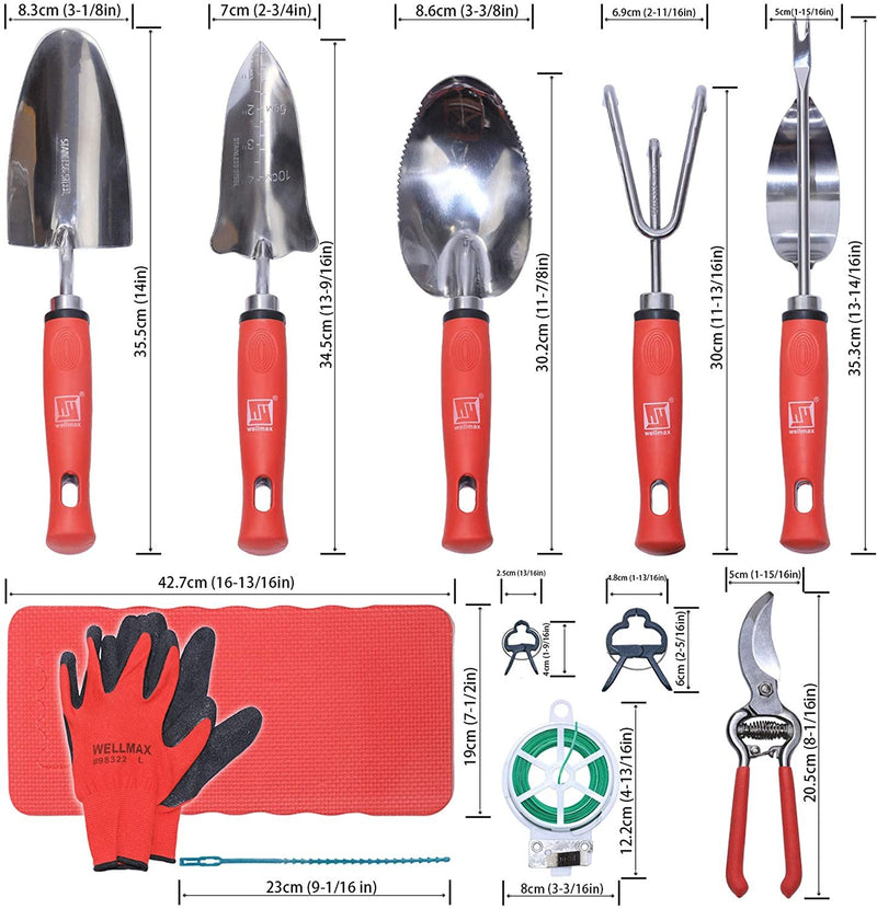 Wellmax Garden Tools Set of 12 with Gardening Gloves, Pruning Shear and 7 Piece Stainless Steel Hand Digging Tool Heavy Duty kit