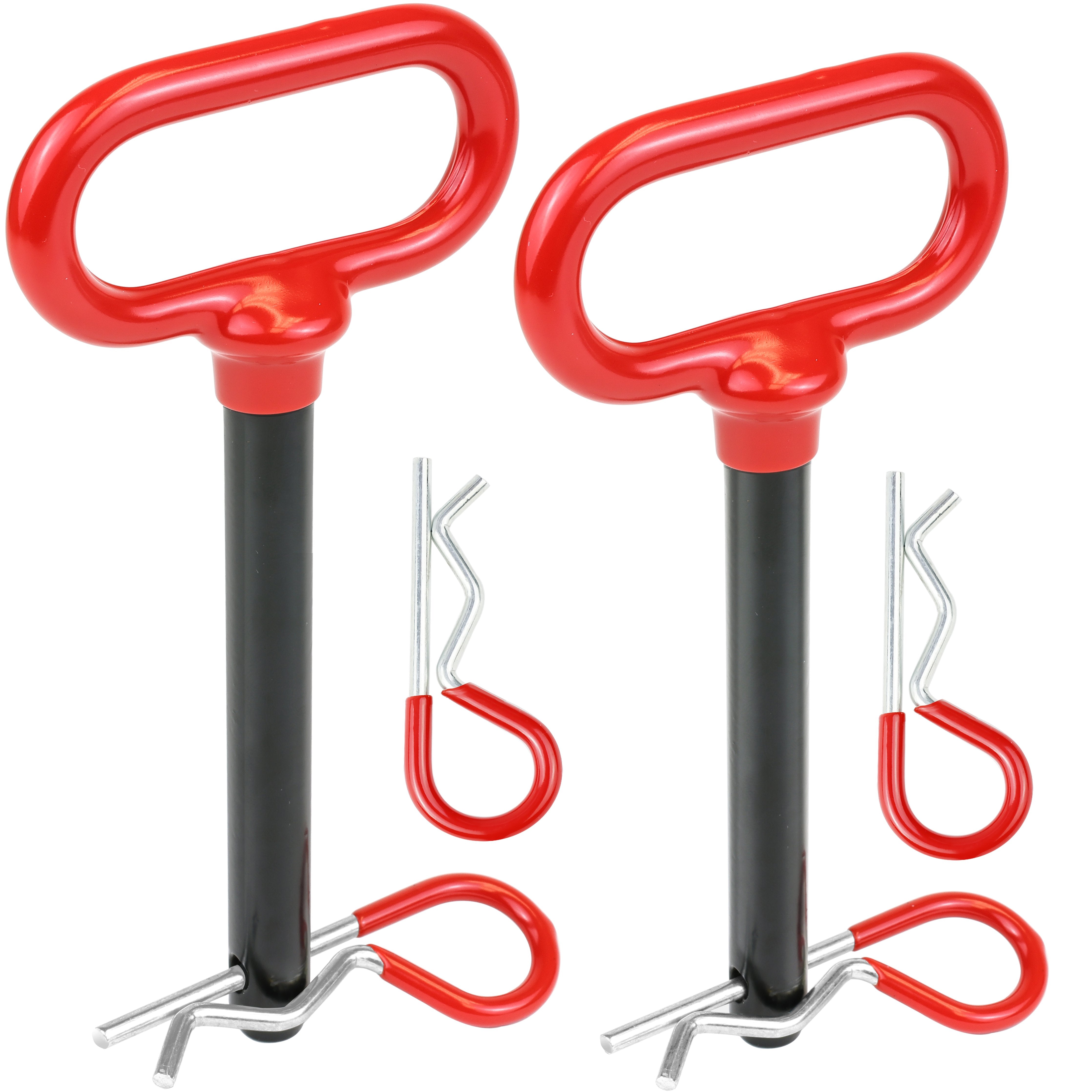 1/2 inch trailer hitch pin set with rubber-coated grip and R-clips, two sizes