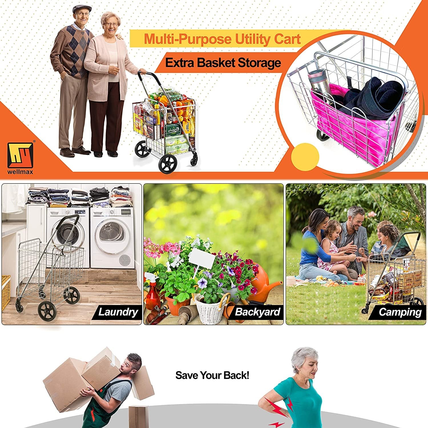 Wellmax Metal Grocery Shopping Cart with Wheels for Groceries, Folding Cart for Convenient Storage and Holds Up to 66lbs, Dual Swivel Wheels and Extra Basket, Silver