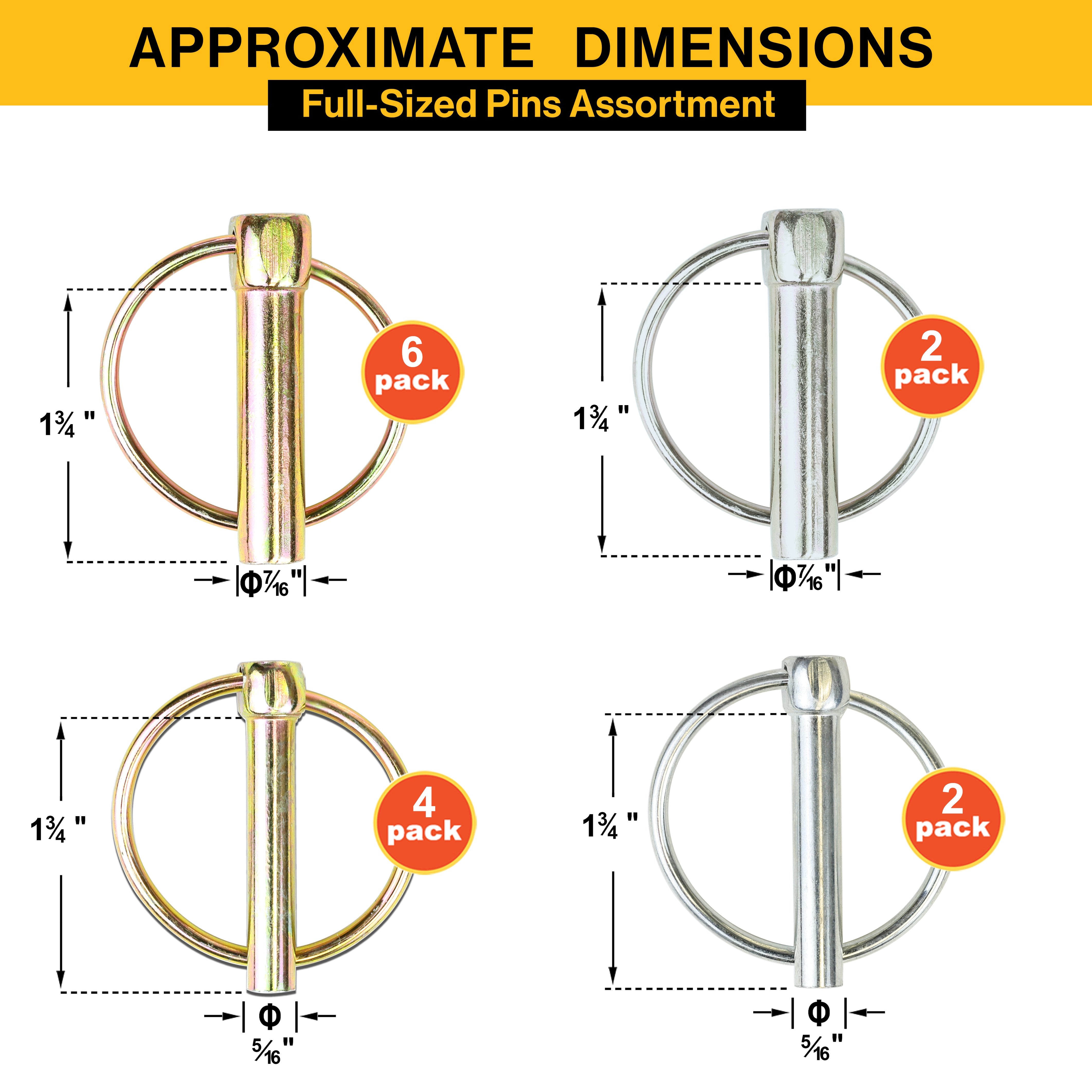 Wellmax 36 Pcs Lynch Pin Assortment in 3/16", 1/4", 5/16" and 7/16" Diameter Zinc-Plated Heavy Duty Safety Pins