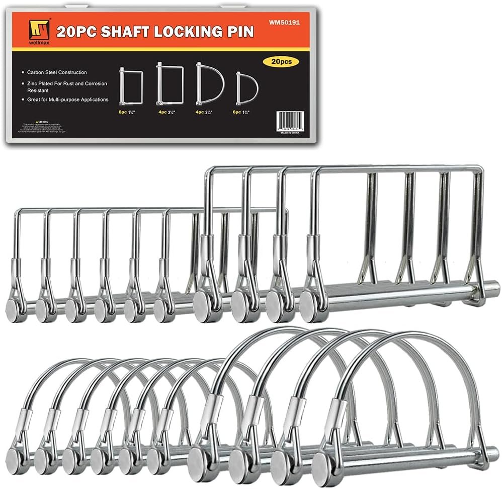 Wellmax 20 Pcs Shaft Locking Pin In 1/4", 5/16" And 3/8" Diameter Zinc-Plated Heavy Duty Safety Pins, Trailer Hitch Pin For Trailer Lock And Hitch Pin Lock For Farm Lawn Garden Wagons