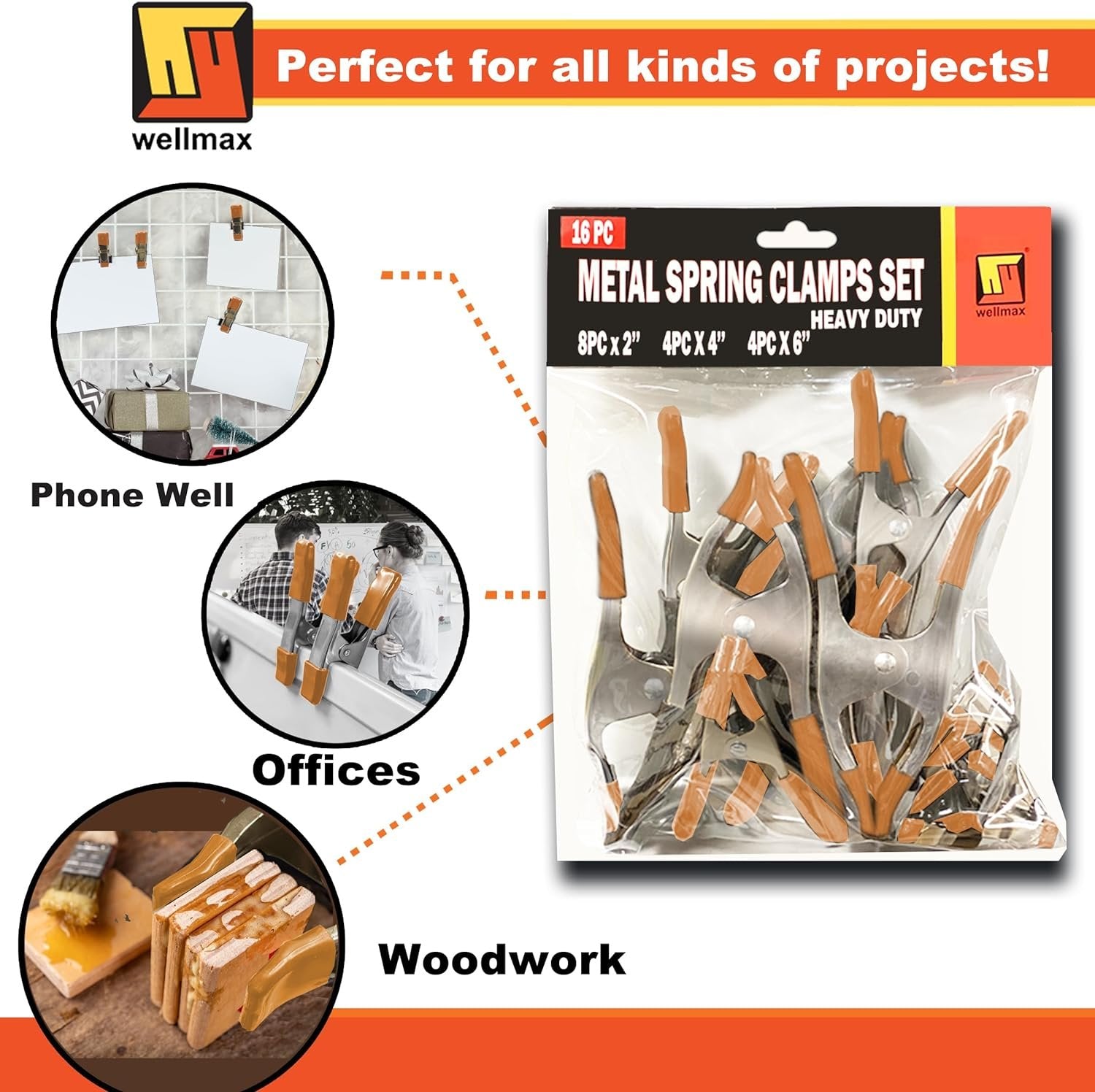 Wellmax Spring Clamps Set - 16PCs Heavy Duty Metal Clamps with Nickel-Plated Finish, Includes 8 x 2" Clamps, 4 x 4" Clamps, and 4 x 6" Clamps, Versatile for Woodworking, Picture Frame Making, and More