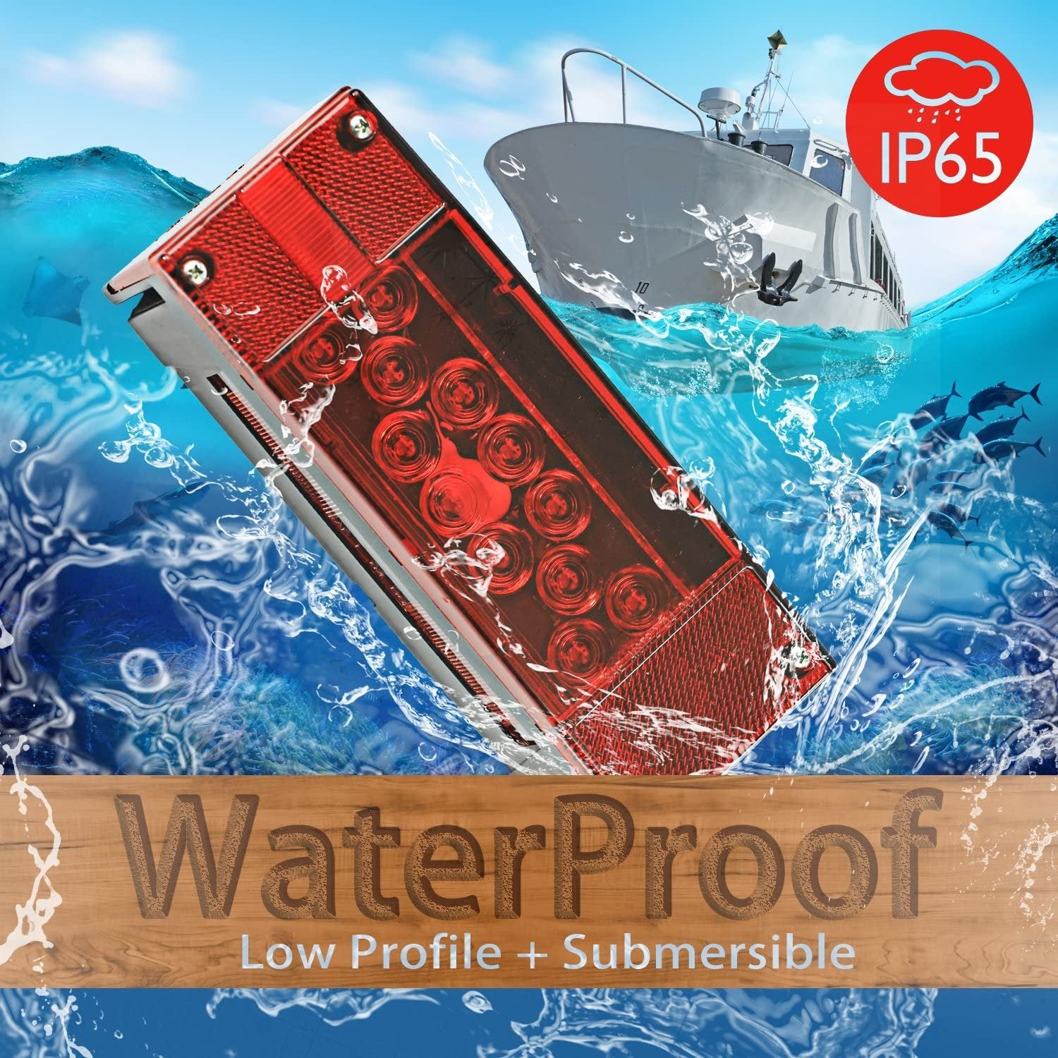 Wellmax 12V LED Trailer Lights, Submersible and Waterproof Low Profile Rectangular Tail Lights for RV, Marine, Boat, Trailers