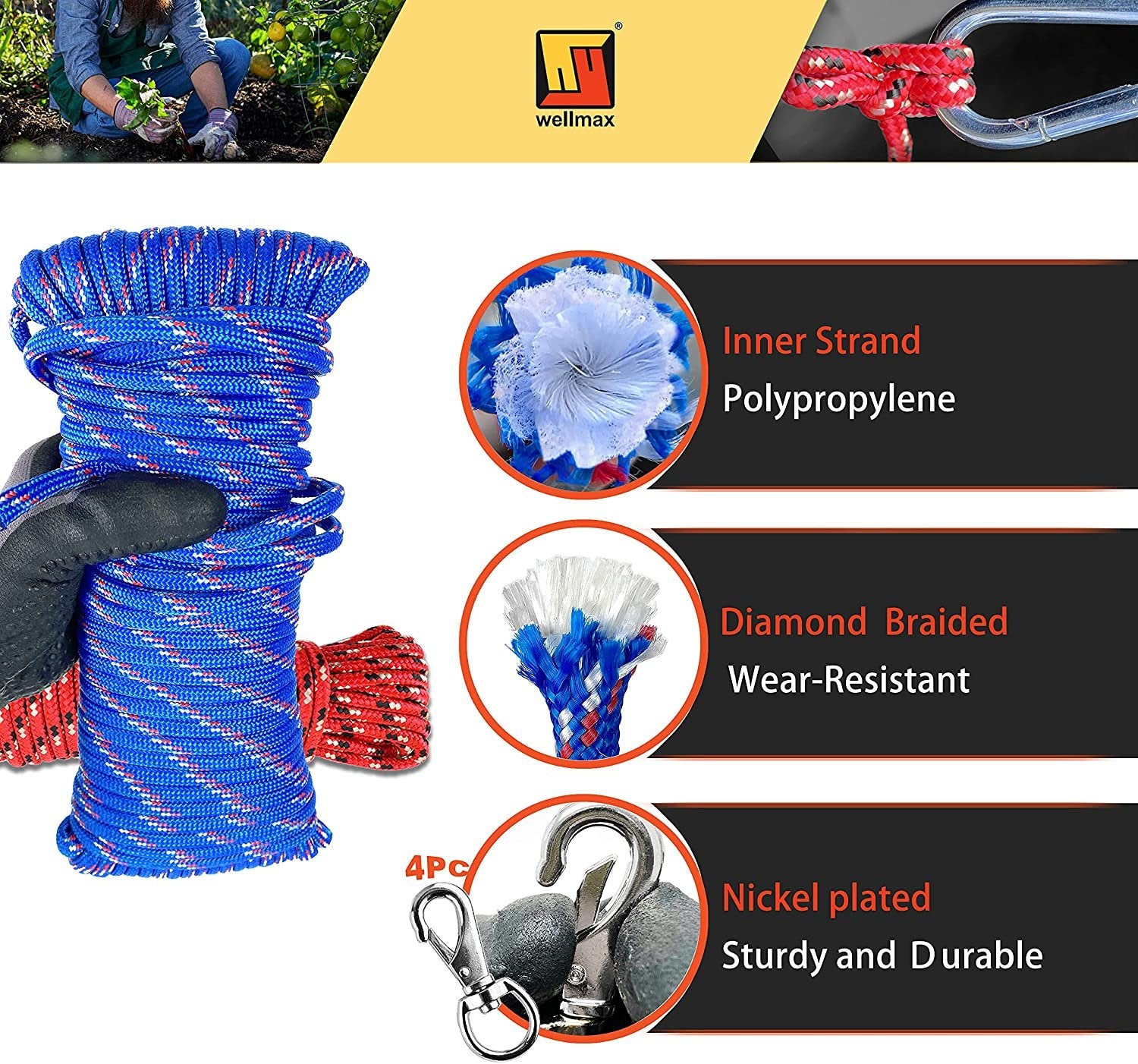 Wellmax Diamond Braided Polypropylene Rope with UV Treatment and Weather Resistant, 4 Pack 3/16 inch x 50ft Multi-Color