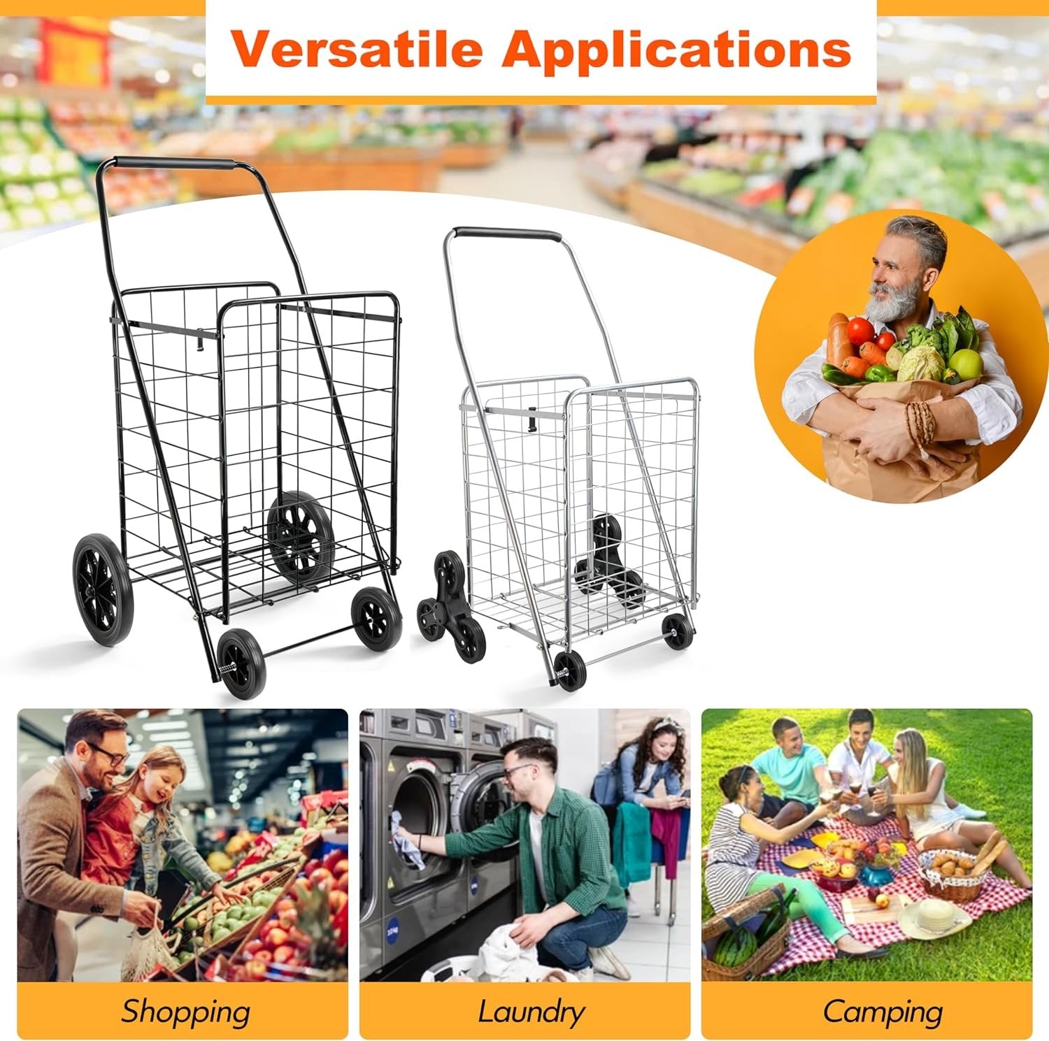 Wellmax 2-Pack Shopping Utility Cart with Stair Climber, Collapsible Folding Cart for Grocery, X-Large and Large (Black and Silver)