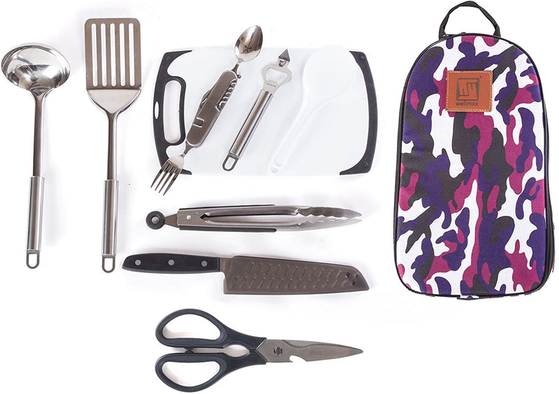 Wellmax Camping Utensils Cooking Set, Camping cookware with Kitchen Knife and Equipment, Camping Accessories and Supplies with Travel Organizer