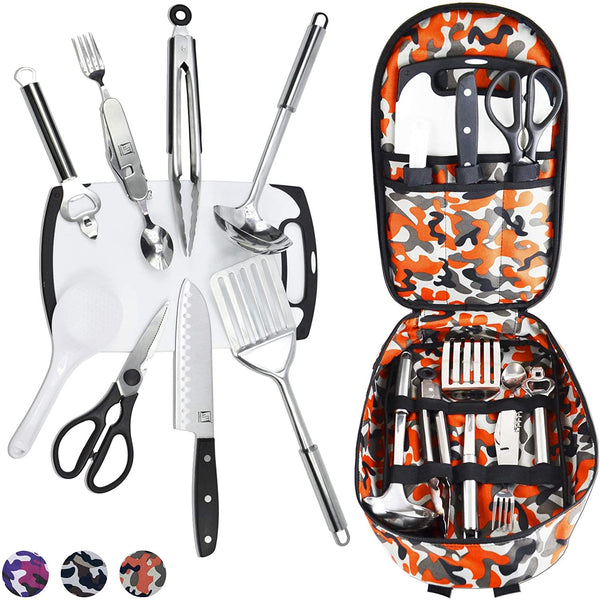 Wellmax Camping Utensils Cooking Set, Camping cookware with Kitchen Knife and Equipment, Camping Accessories and Supplies with Travel Organizer, Orange Camo Color