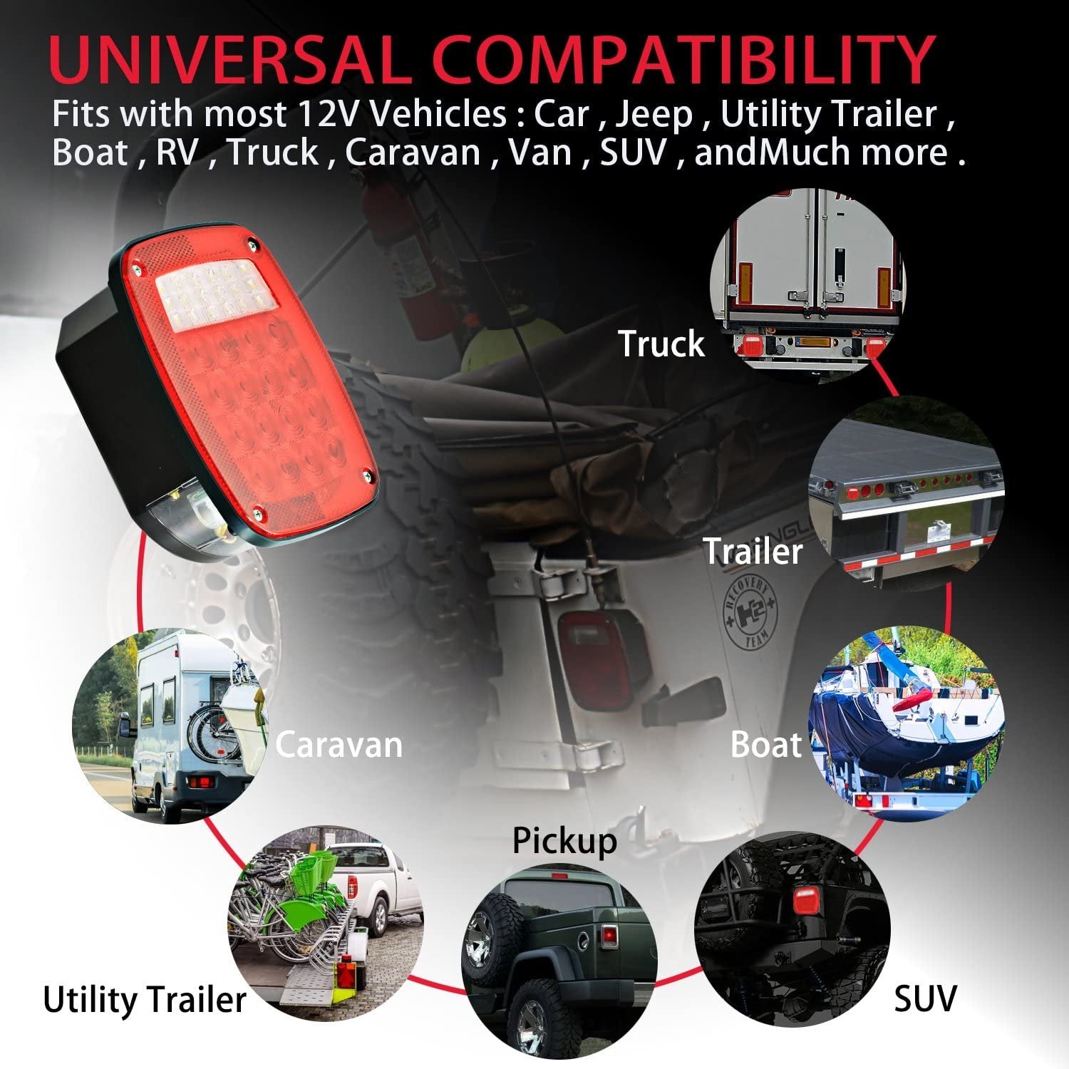 Wellmax 12V 2PC Universal LED Trailer Tail Lights, Brake, Stop, Backup, Reverse, Turn Signal with 38 Red, White LEDs