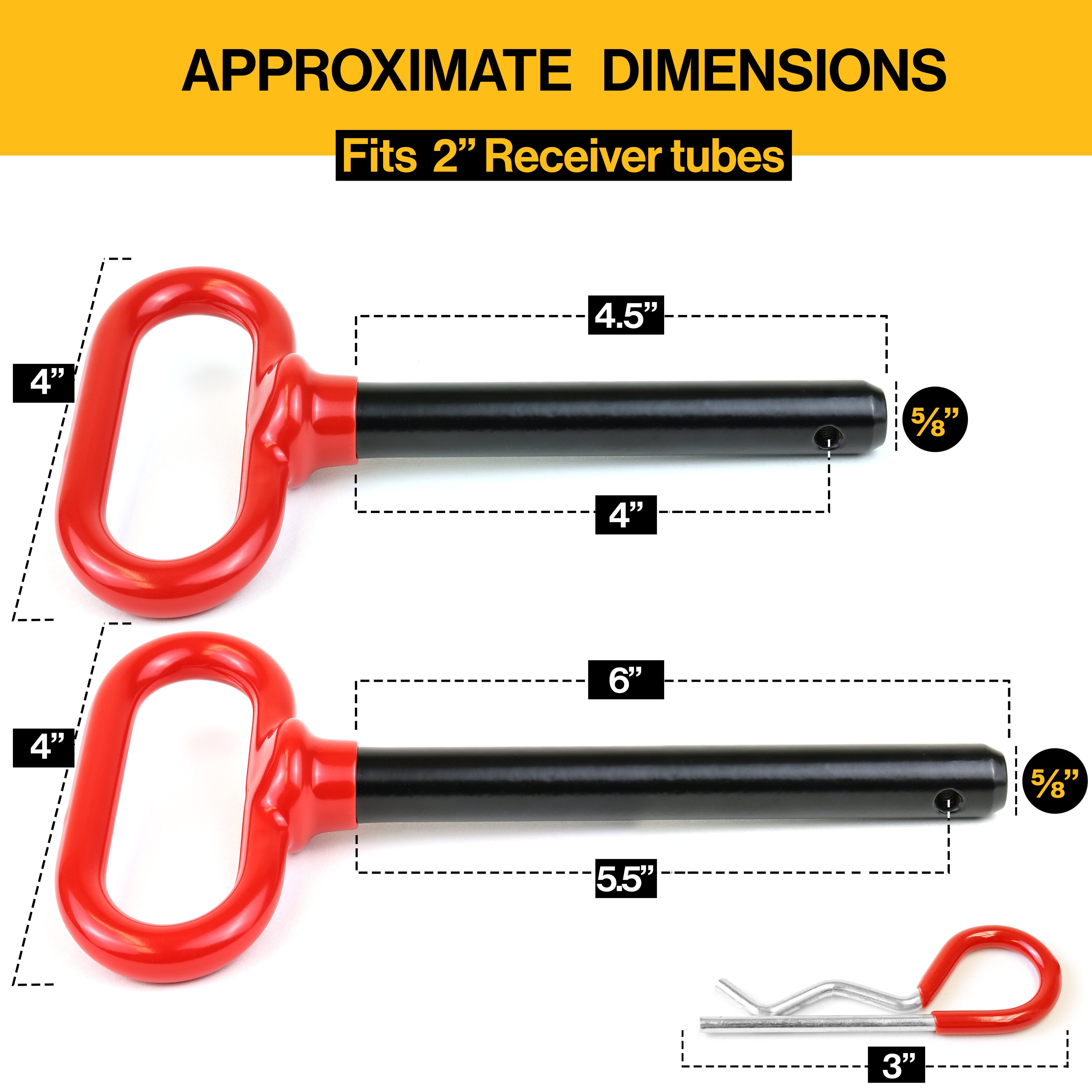Wellmax 2PC 5/8" Diameter Trailer Hitch Pin Set - 4" and 5-1/2" Shank, with 4 Clips and Rubber-Coated Vinyl Grip, Zinc-Plated, fits 2" Receivers