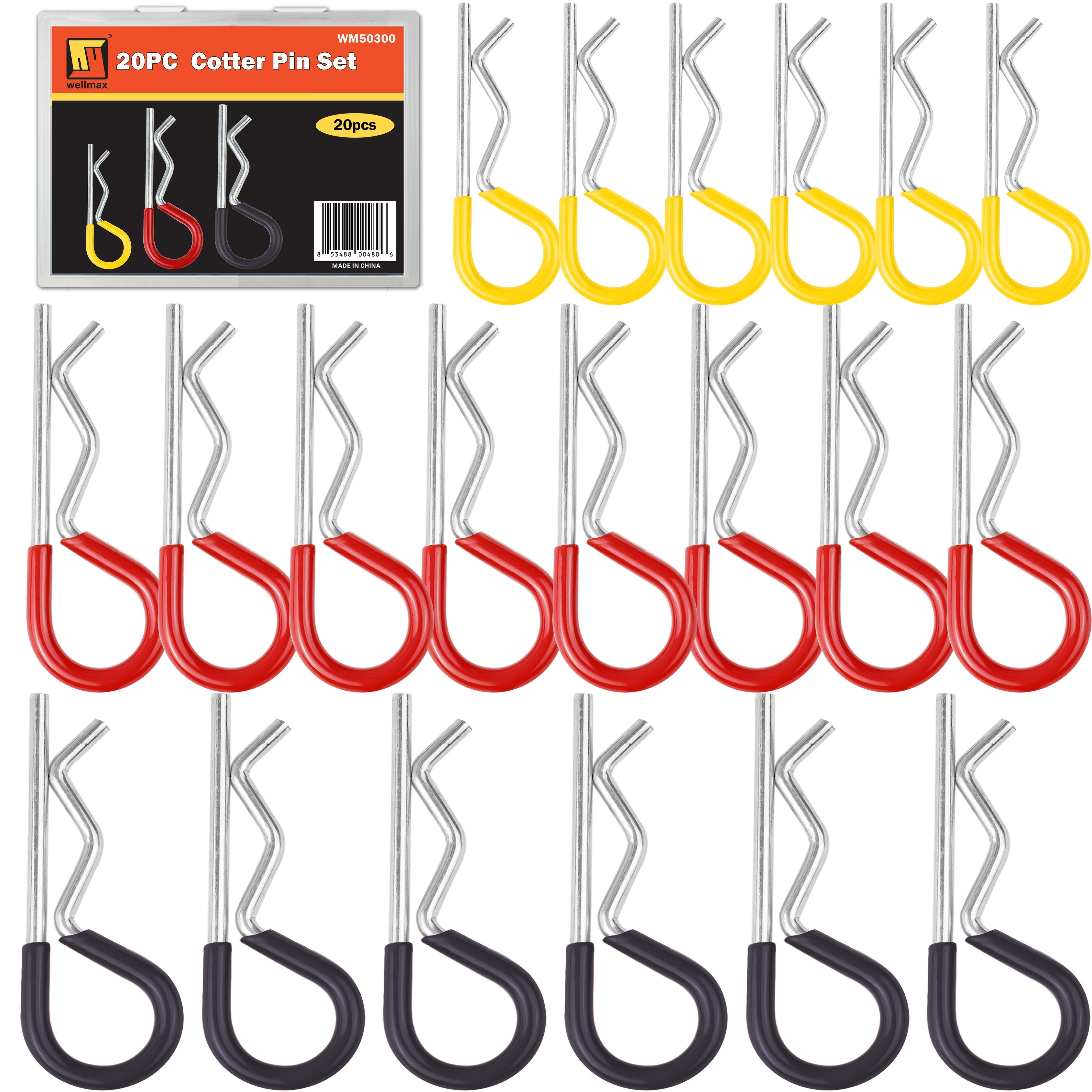 Wellmax 20 Pcs Cotter Pin Assortment in 7/64", 9/64", 5/32" Zinc-Plated Steel Clips, Small Cotter Pins for Use on Hitch Pin Lock System, Assorted Cotter Pins, Hair Pin Assortment Kit, R Clips