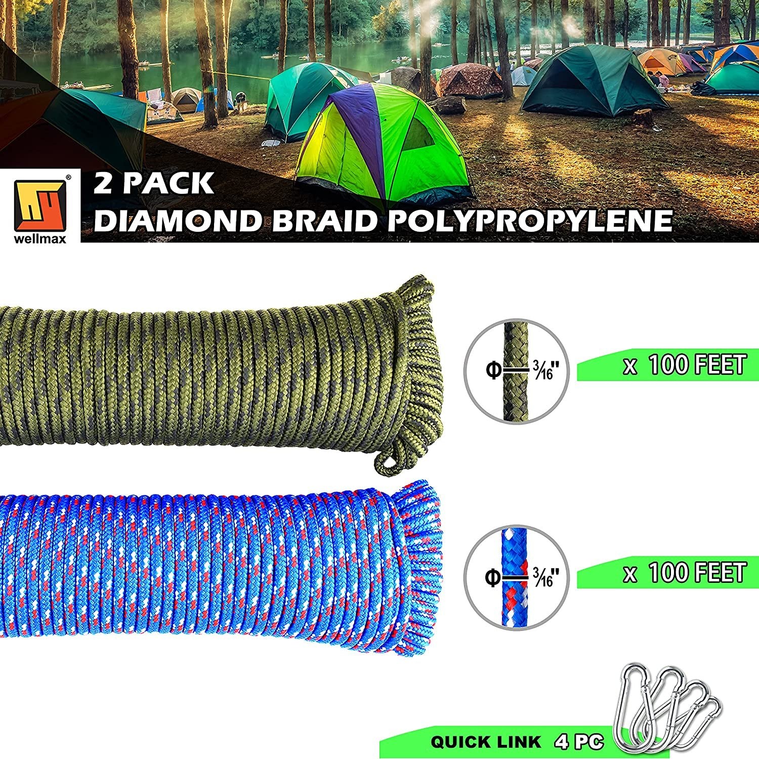 Wellmax Diamond Braided Polypropylene Rope with UV Treatment and Weather Resistant, 4 Pack 3/16 inch x 50ft Multi-Color