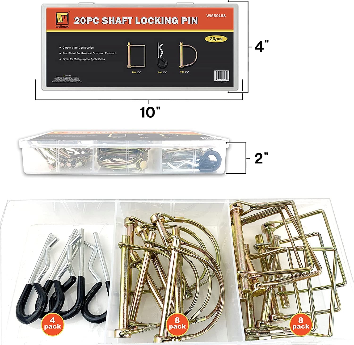 Wellmax 20 Pcs Shaft Locking Pin in 1/4 Diameter Zinc-Plated Heavy Duty Safety Pins, Bonus 4 Pcs Heavy Duty Trailer Hitch Pin for Trailer Lock and Hitch Pin Lock for Farm Lawn Garden Wagons