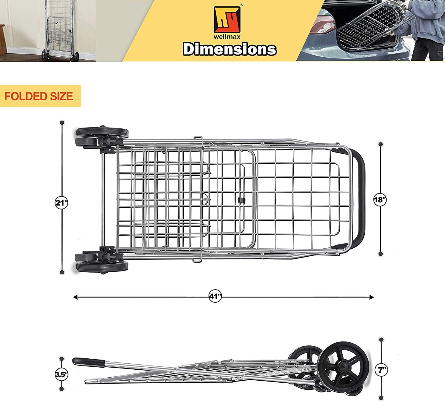 Wellmax Metal Grocery Shopping Cart with Wheels for Groceries, Folding Cart for Convenient Storage and Holds Up to 66lbs, Dual Swivel Wheels and Extra Basket, Silver