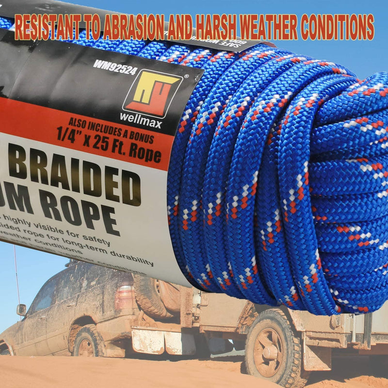 Wellmax Diamond Braid Nylon Rope, 1/2in X 100FT with Bonus 1/4in x25FT Cord UV Resistant, High Strength and Weather Resistant