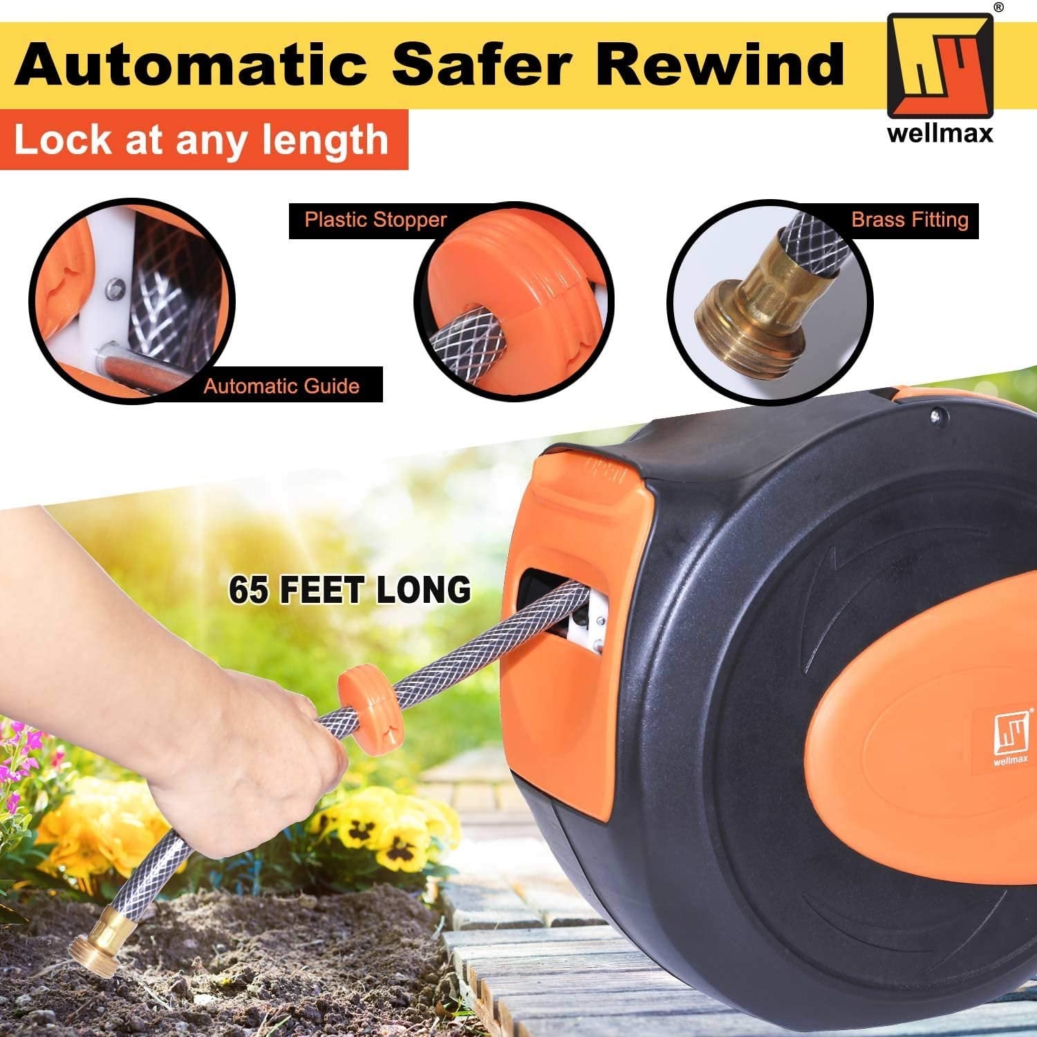 Wellmax Retractable Water Hose Reel with Wall Mount, Flexible Garden Hoses Expandable Up to 65ft + 7ft Hose Connector, Kink Free and Convenient Storage